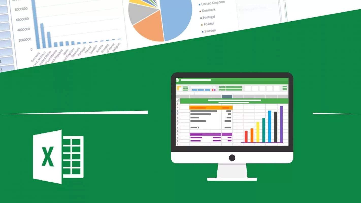 電腦螢幕上的 Microsoft Excel 壁紙 — 一個平面設計插圖，顯示一台電腦在綠色背景上展示帶有Excel標誌和數據圖表的彩色圖表。