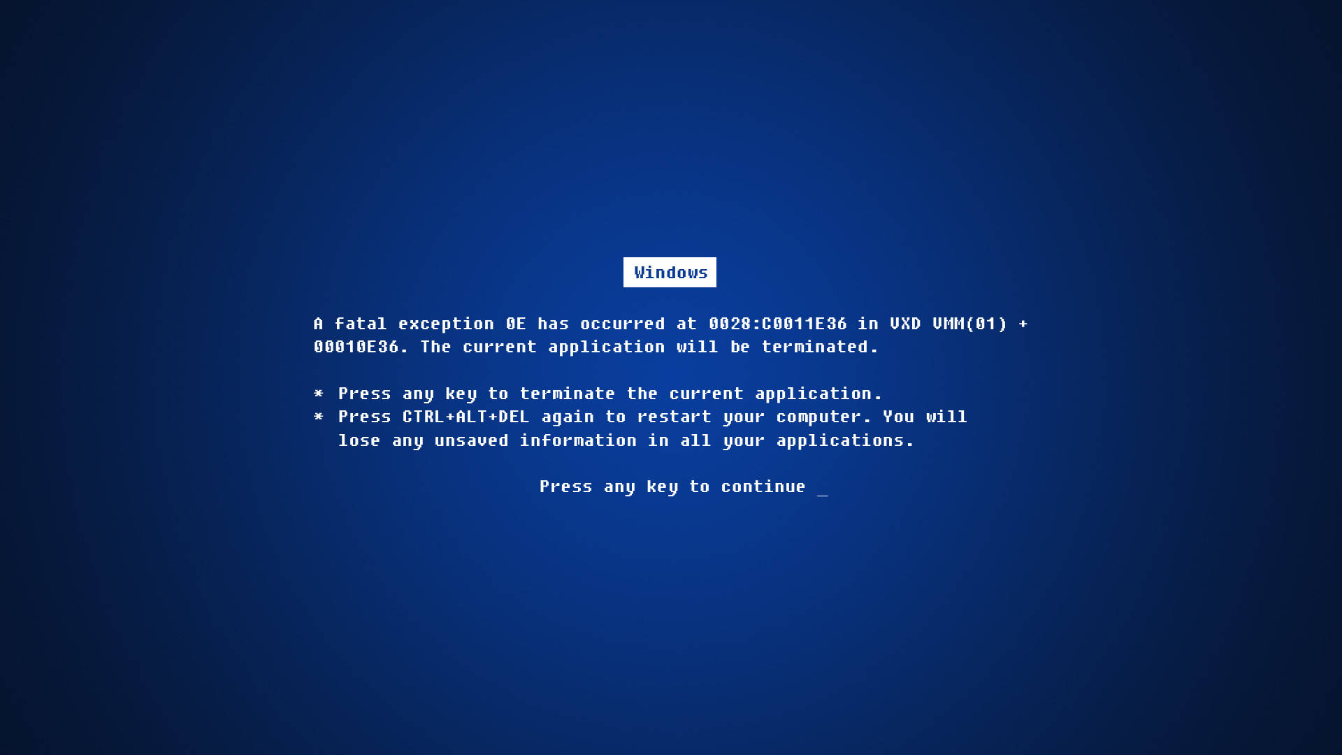 顯示致命例外訊息的 Windows 系統錯誤畫面
