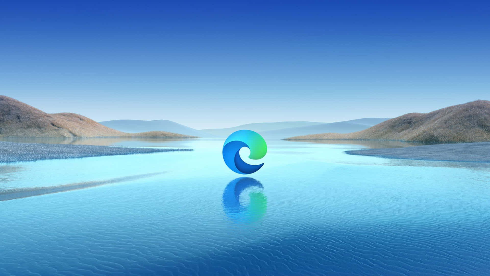 Microsoft Edge 標誌漂浮在寧靜的湖面上，背景有山丘。