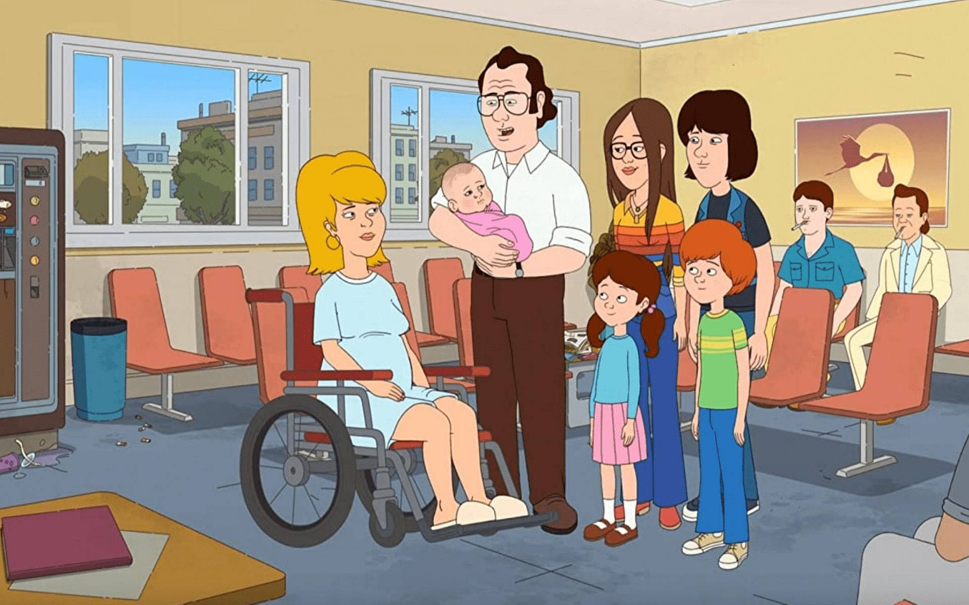 電視劇《F Is For Family》 壁紙 — 一個卡通家庭聚集在候診室，一名孕婦坐在輪椅上抱著嬰兒，其他人站在她周圍。