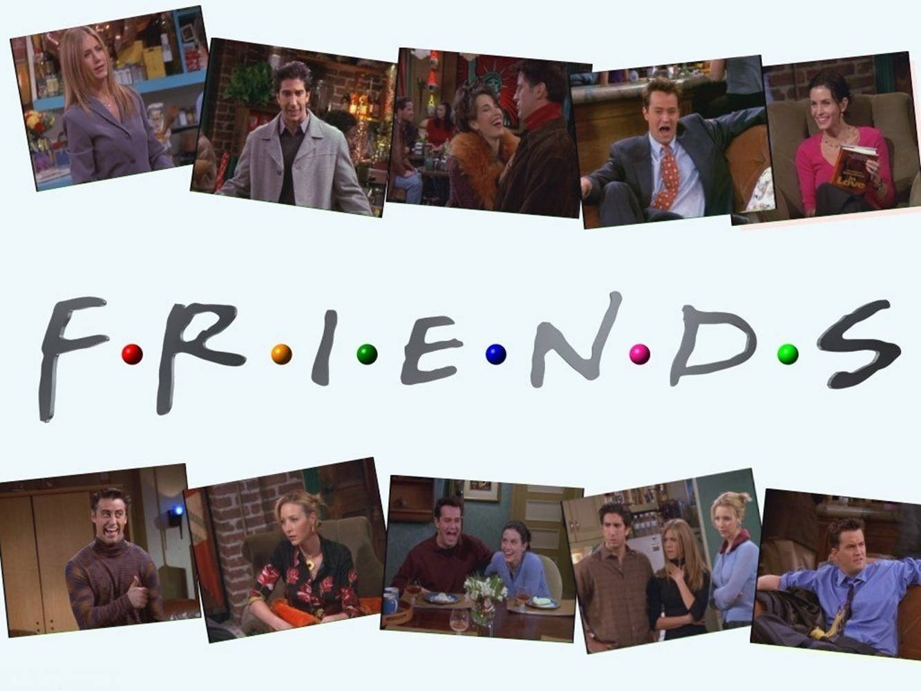 Friends Aesthetic 桌布 壁紙 — 電視節目《老友記》中標誌性時刻的拼貼畫，標誌居中於下方。