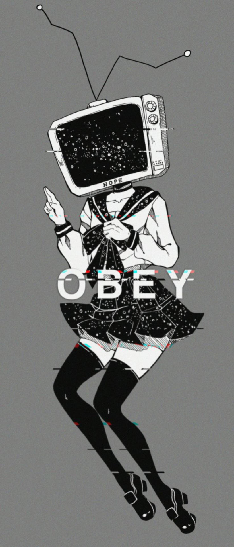 女孩頭部為電視機向上指，穿著水手服，帶有故障效果和obey文字。