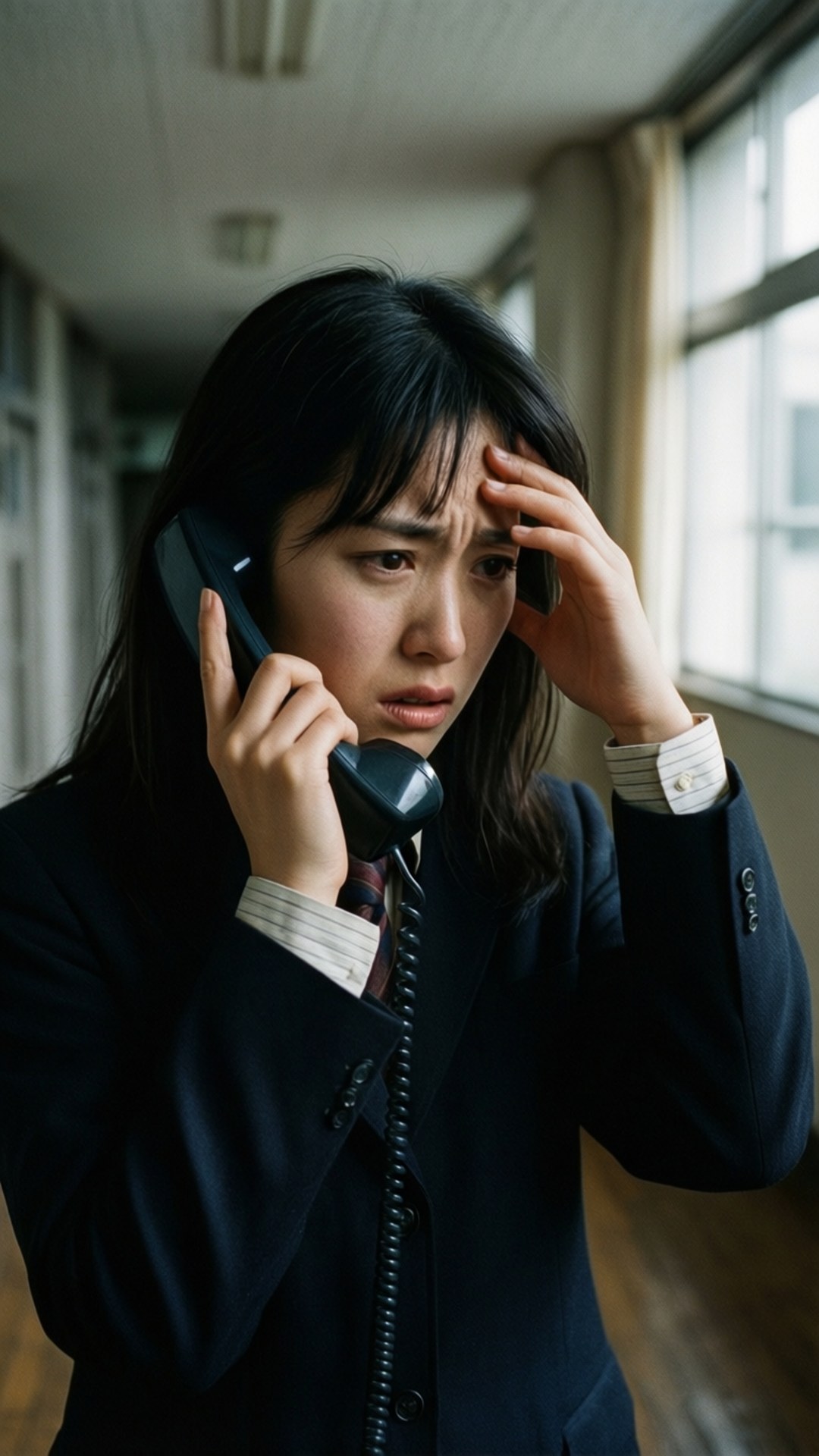 電話中的擔憂 壁紙 — 一位年輕女性身穿深色西裝外套，將黑色電話聽筒貼在耳邊，另一隻手按著額頭，身處有窗戶自然光線的走廊。