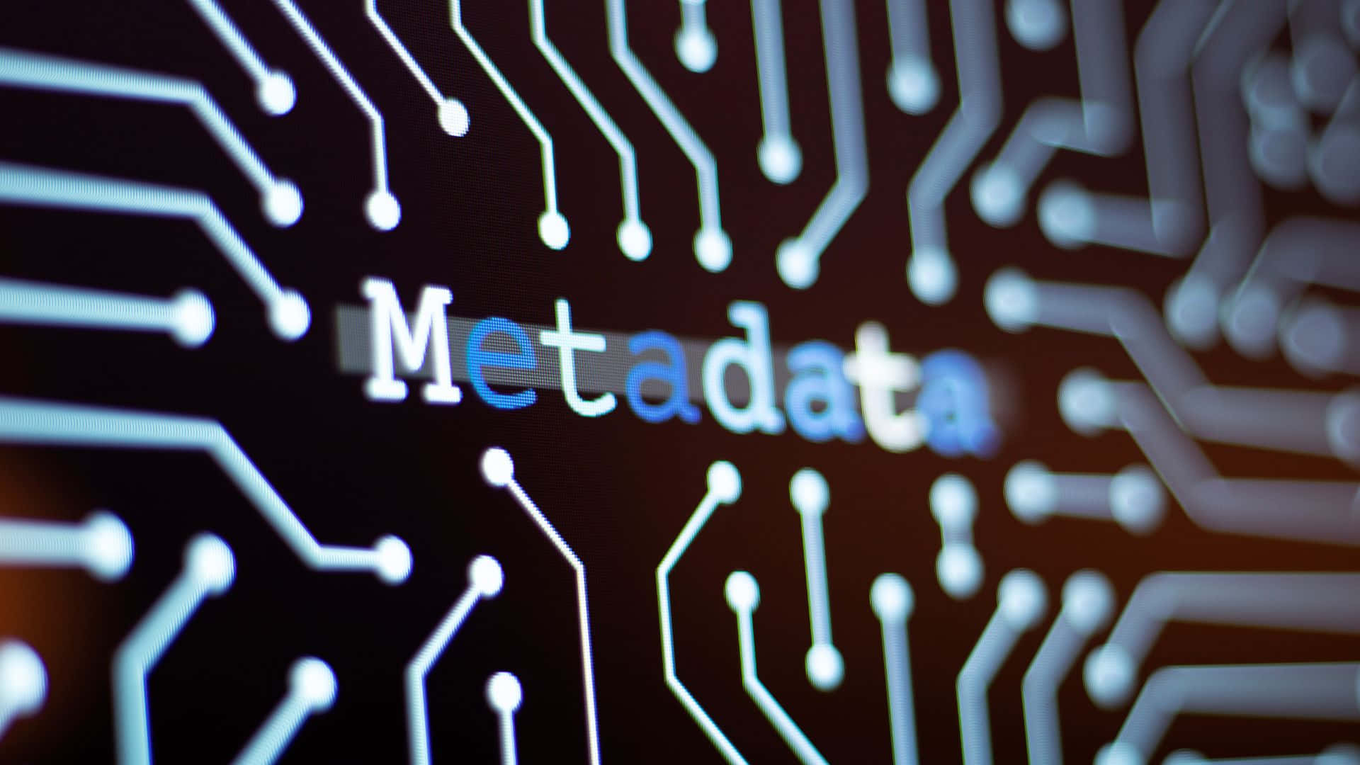 電路板科技 壁紙 — 「Metadata」一詞在黑暗的電路板背景上發出藍色和白色的光芒，並帶有發光路徑。