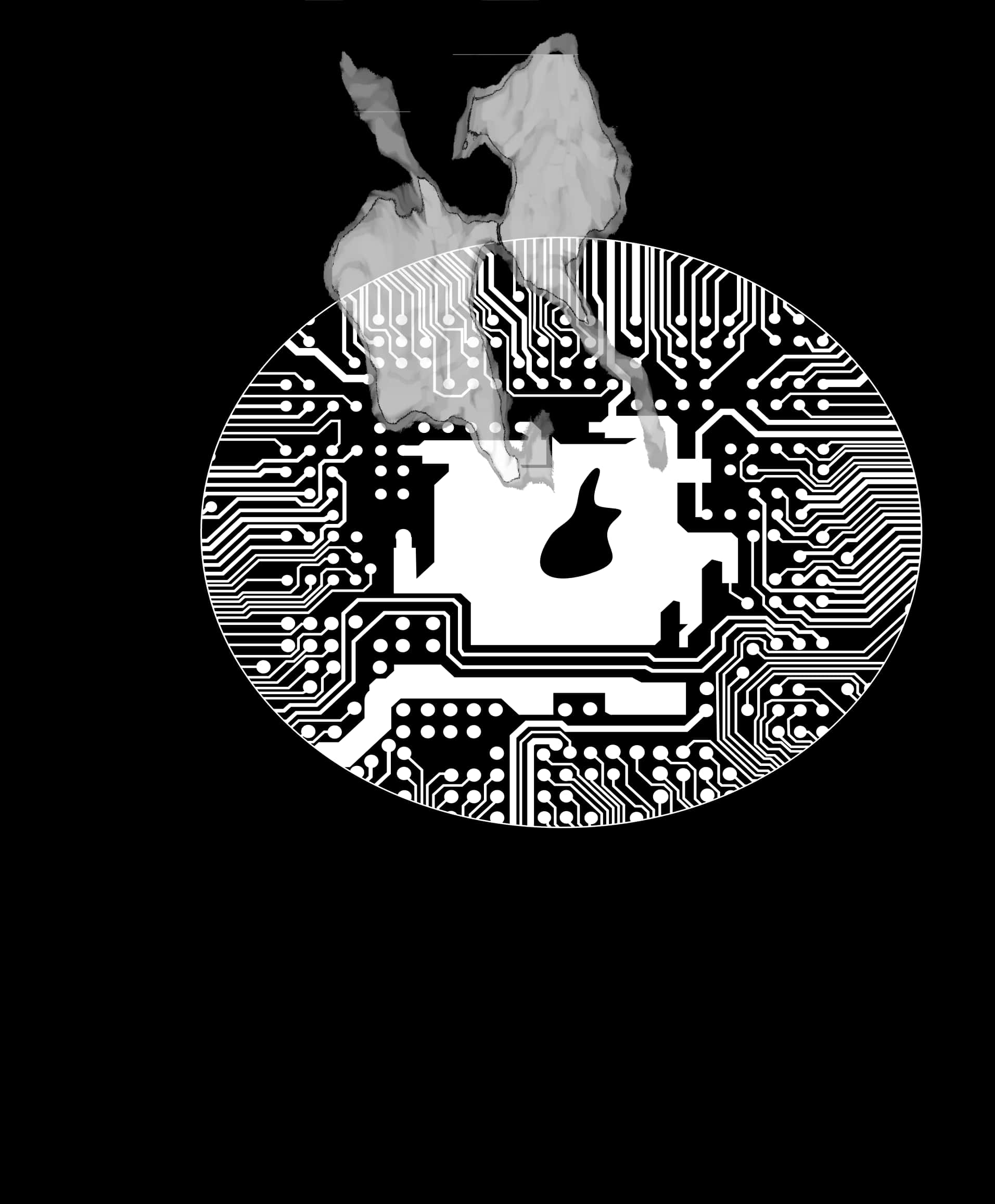 電路板蘋果燃燒圖 壁紙 — 一個風格化的蘋果剪影，帶有電路板圖案和融化灰色紋理，背景為黑色。