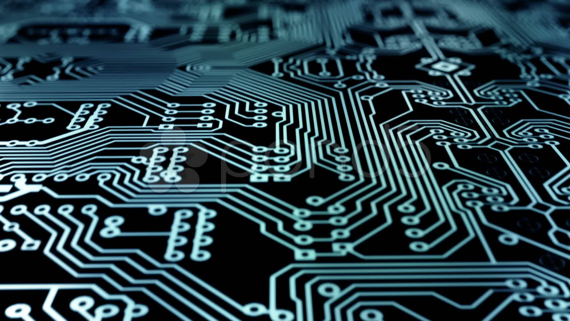 黑色背景上發光藍色電路板路徑