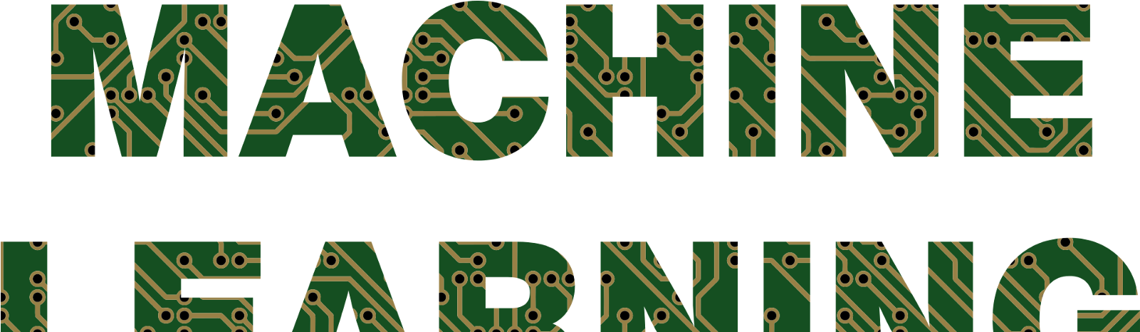 電路風格機器學習文字 壁紙 — 粗體文字顯示 machine learning，以綠色電路板圖案填充，背景為黑色。