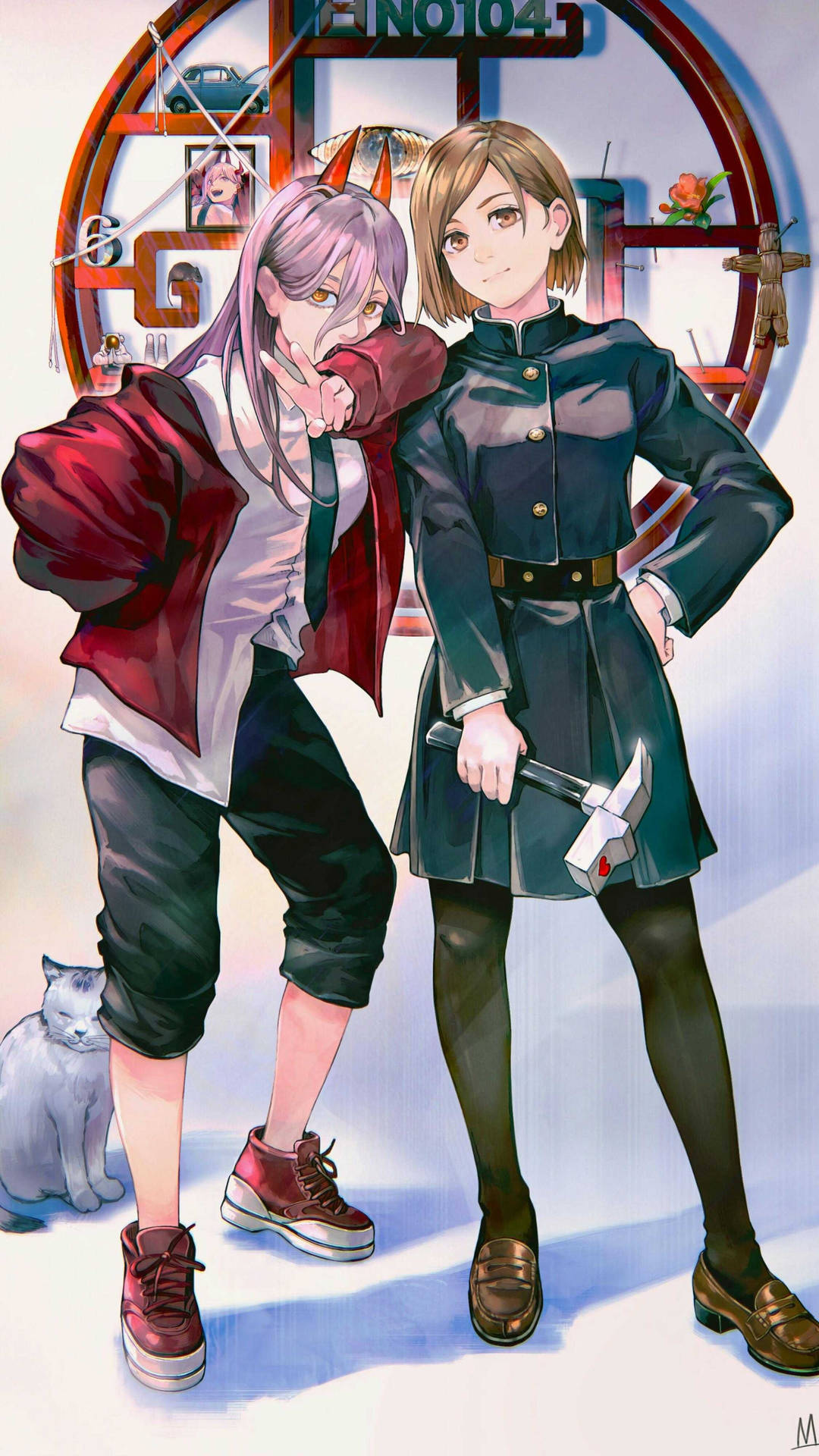 兩個動漫女孩，一個粉紅色頭髮做出和平手勢，另一個拿著斧頭和附近的貓。