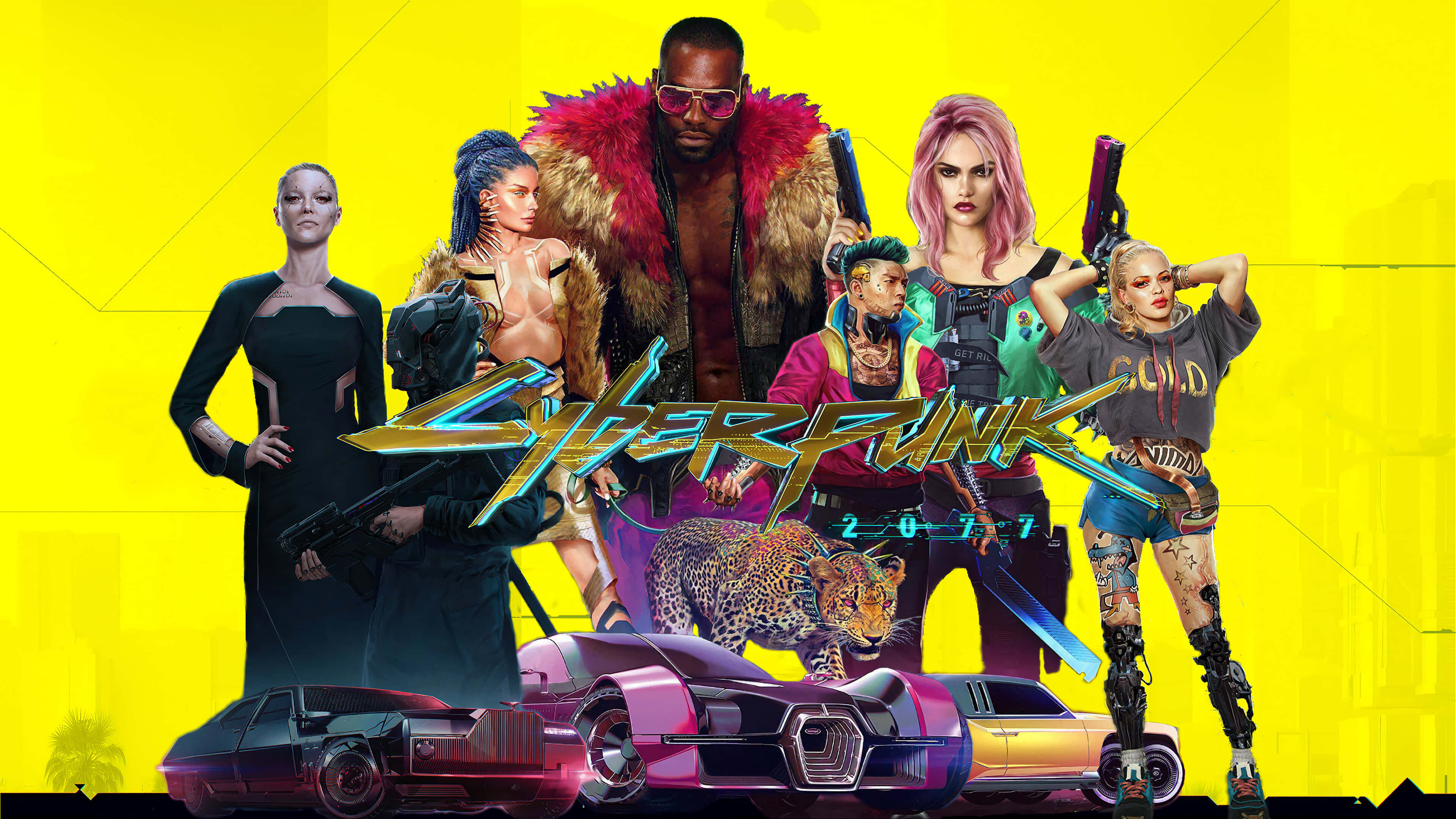 Cyberpunk 2077 Characters 桌布 壁紙 — 《電馭叛客2077》角色身穿霓虹燈照亮嘅未來風格裝備，手持發光武器同型格汽車，企喺鮮黃色背景前。