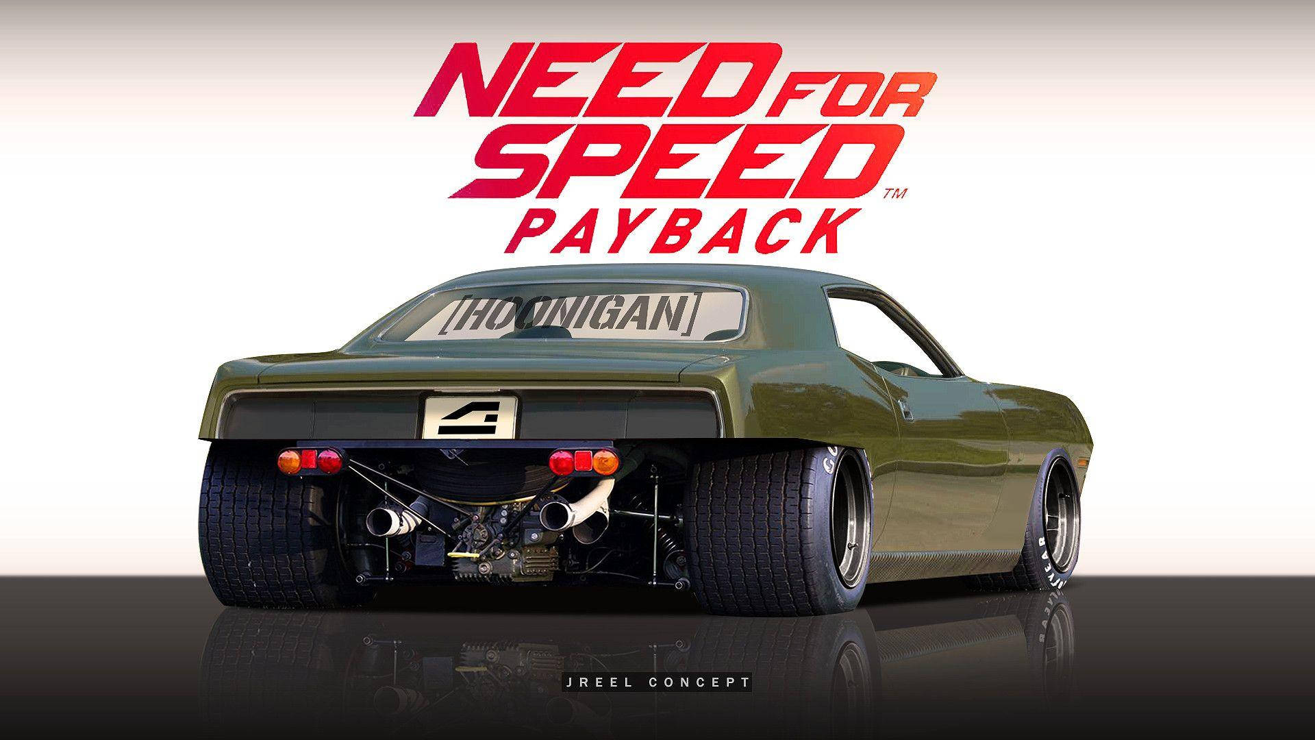 需求速度：報復 Dodge Hoonigan 壁紙 — 一輛綠色改裝肌肉車，帶有外露引擎和 'Hoonigan' 貼紙，從後方看在 'Need for Speed Payback' 標誌下。