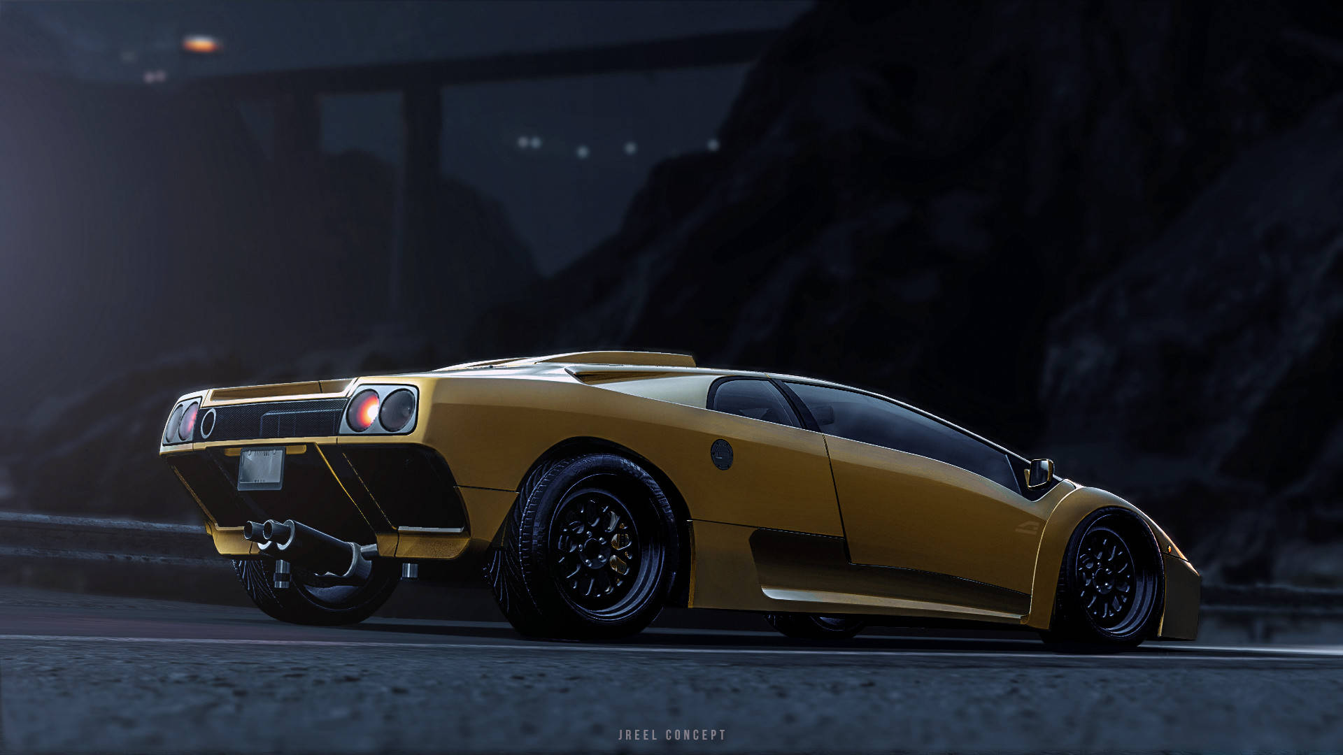 需求速度：報復 Lamborghini Diablo 壁紙 — 一輛金色林寶堅尼 Murciélago 停泊在昏暗的山路上，暮色蒼穹下遠方橋樑燈光閃爍。