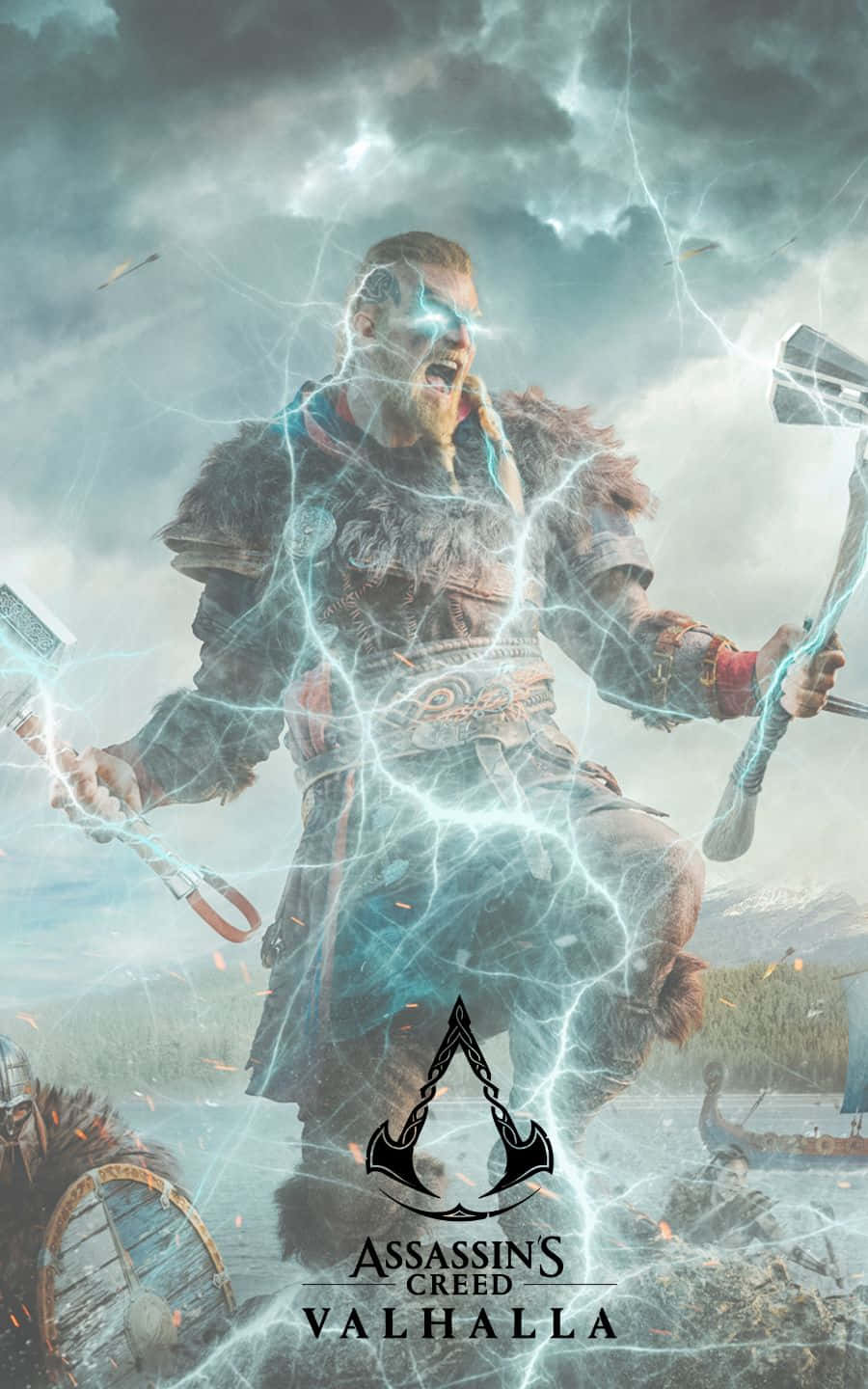 震撼 1440p 刺客信條：維京紀元 背景 壁紙 — 一名維京戰士咆哮著，閃電在他周圍劈啪作響，他揮舞著兩把斧頭，背景是暴風雨的天空和遠處的船隻。