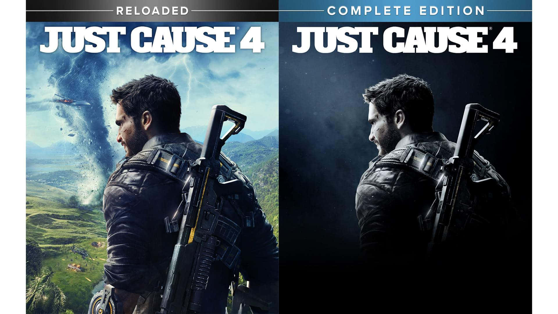 震撼 1920x1080 Just Cause 4 遊戲背景 壁紙 — 一個粗獷的男人拿著步槍俯瞰著鬱鬱蔥蔥的綠色山谷，遠處一架直升機正在爆炸。