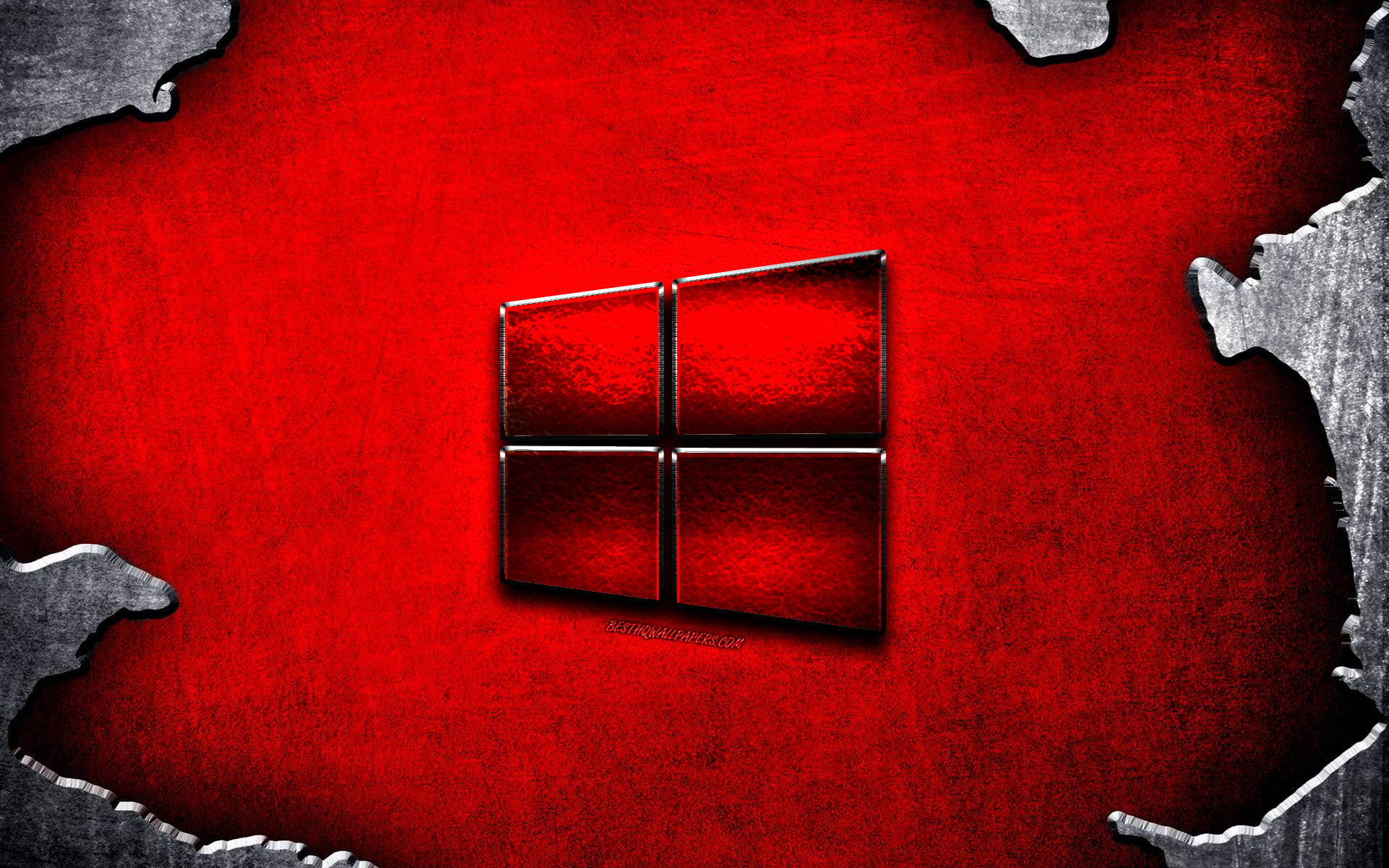 Windows標誌在紅色紋理背景上，帶有撕裂的混凝土邊緣