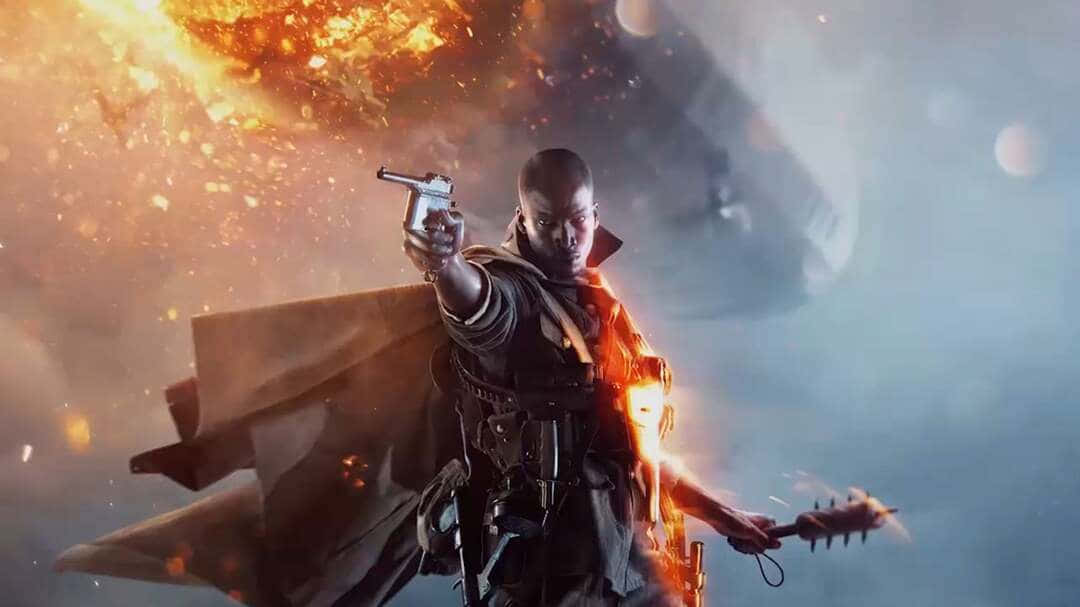 震撼《戰地1》1080p 遊戲背景 壁紙 — 一名身穿黑色斗篷的戰士瞄準一把手槍，身後熾熱的爆炸和碎片充滿了混亂的戰場。