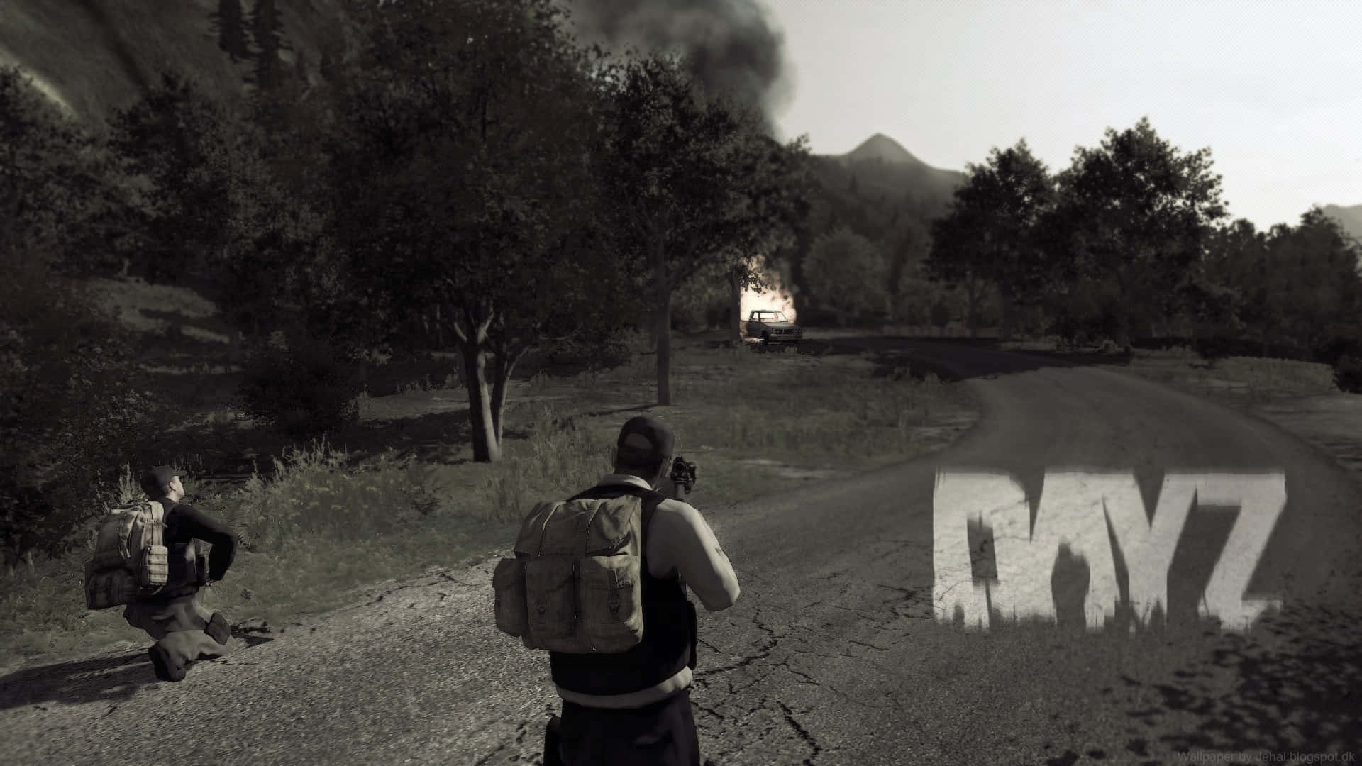 震撼1080p DayZ背景：強烈視覺效果 壁紙 — 兩名武裝倖存者在荒涼的鄉村景觀中，沿著一條裂開的道路謹慎地接近一輛燃燒的車輛。