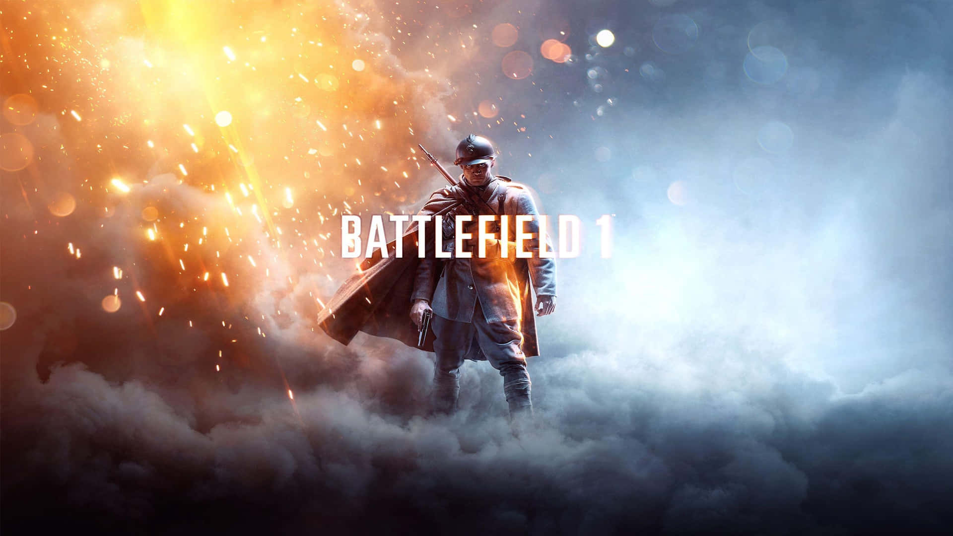 一戰士兵在煙霧和火焰中與 Battlefield 1 標題