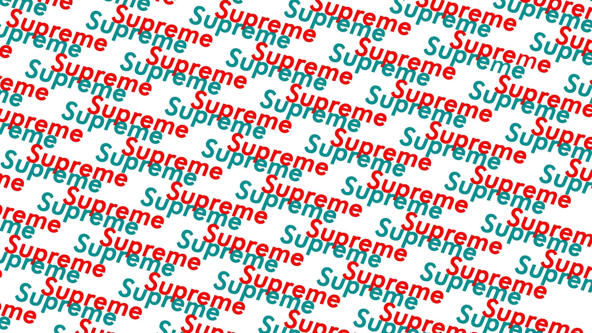 紅色和藍綠色的 Supreme 文字在白色背景上重複形成圖案。
