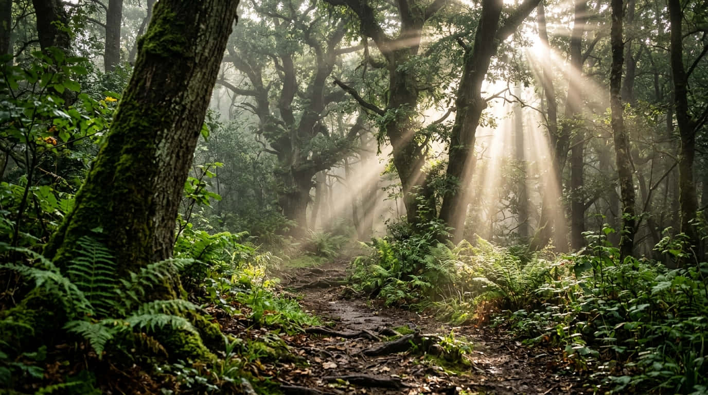 震撼4K自然風景壁紙，美麗自然景觀高清壁紙，壯麗自然4K 壁紙 — 陽光穿過茂密長滿青苔的樹木，照亮了一條蜿蜒的森林小徑，小徑上鋪滿了蕨類植物和落葉。
