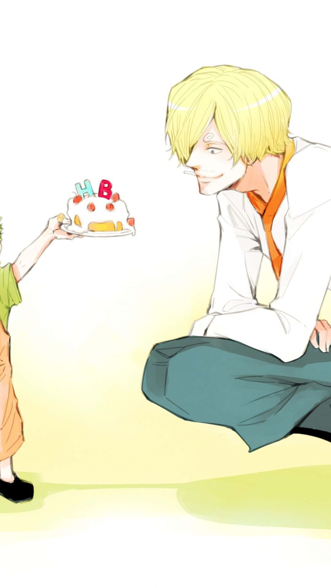 震撼Sanji iPhone壁紙 壁紙 — 一個開心的金髮動漫男孩跪下，一個孩子遞給他一個帶有彩色蠟燭的生日蛋糕。