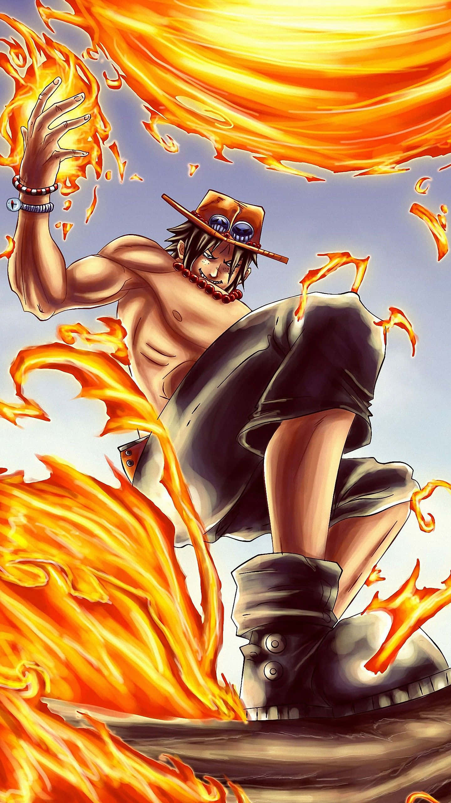 震撼Sanji iPhone壁紙 壁紙 — 一個肌肉發達的動漫戰士戴著草帽，在蒼白的天空下，舉起的手周圍操控著旋轉的橙色火焰。