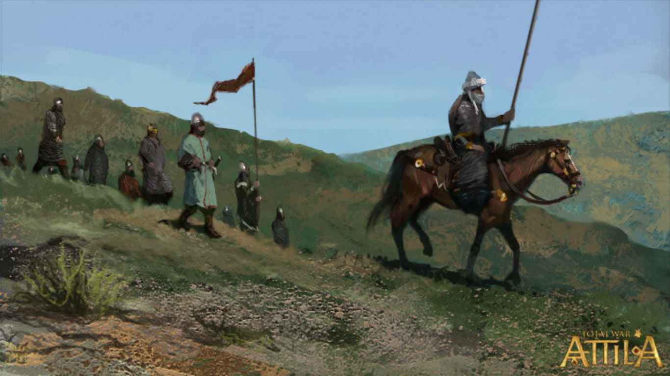震撼戰鬥場景 - Total War: Attila 1366x768 桌面背景 壁紙 — 一支中世紀騎兵部隊在陽光照耀的山坡上行軍，騎馬的指揮官在前領路，旗手緊隨其後。