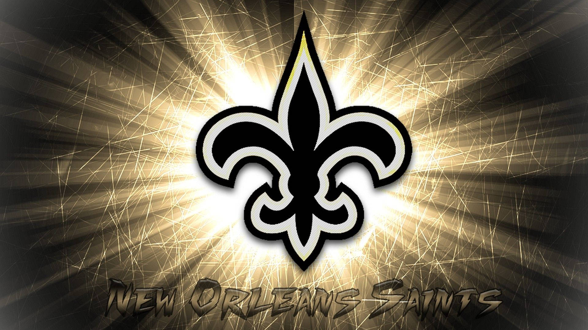 New Orleans Saints 標誌在刮花的金屬背景上散發金色光芒。