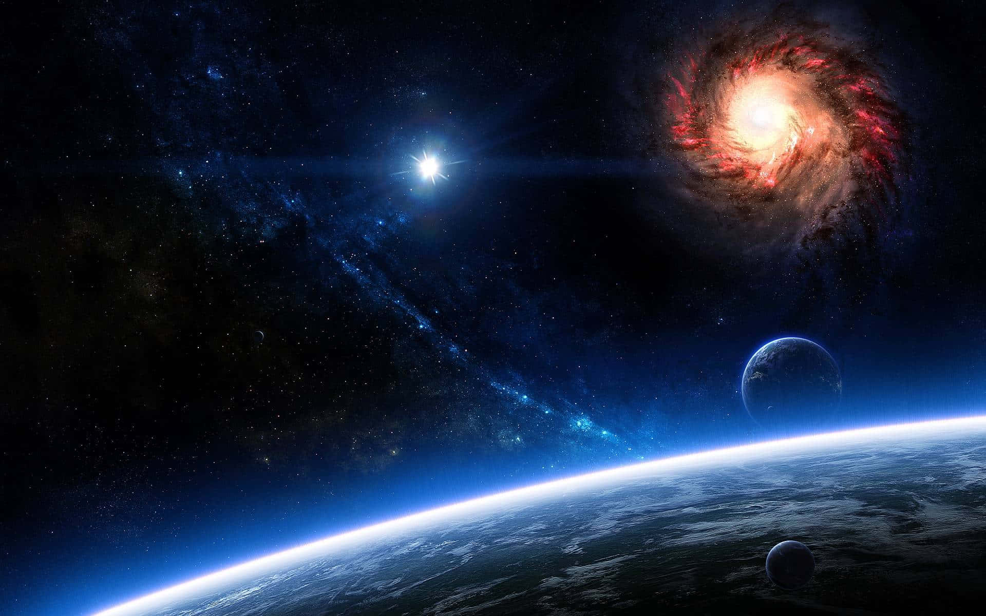 行星的地平線，宇宙天空中有一個螺旋星系和一顆明亮的恆星。