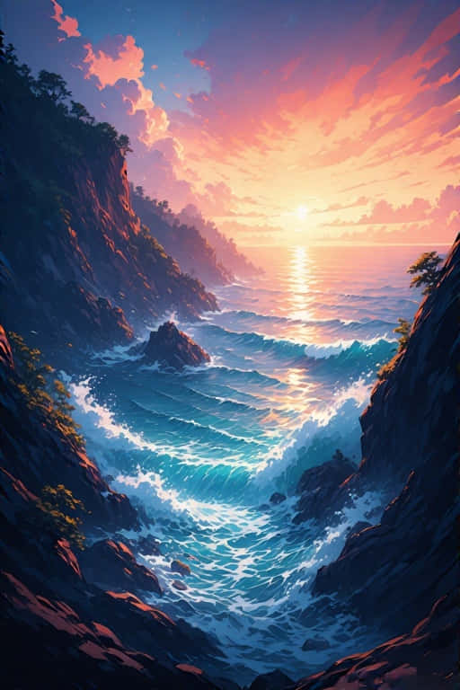 夕陽映照在陡峭岩石懸崖間拍打的海浪上，色彩鮮豔