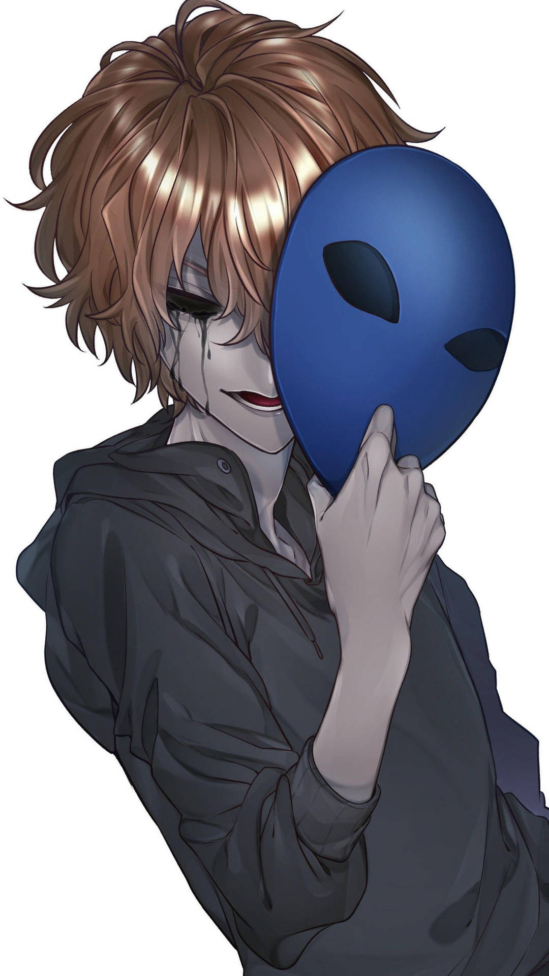 穿著連帽衫的動漫男孩拿著藍色外星人面具，流下一滴眼淚。