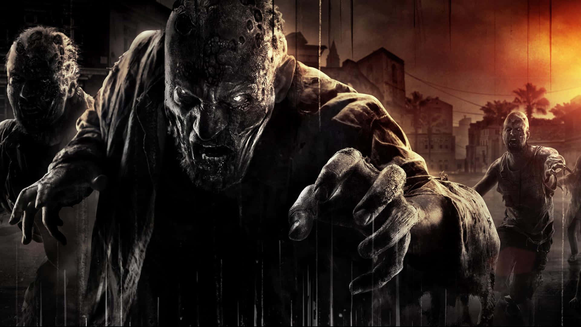 殭屍在火紅的天空下，於夜晚穿過廢墟城市前進。