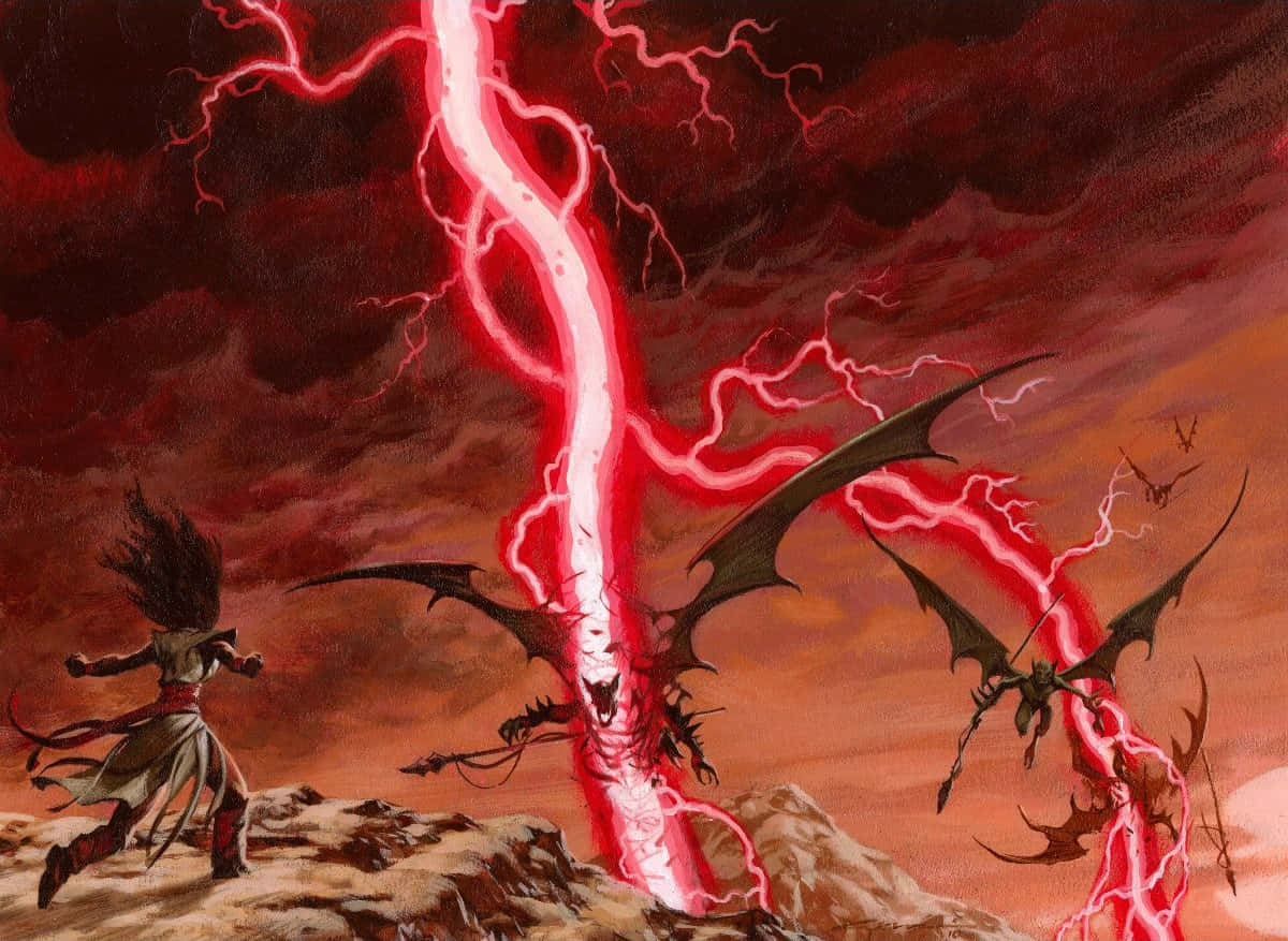 戰士在紅色閃電風暴下對抗兩條惡魔龍。