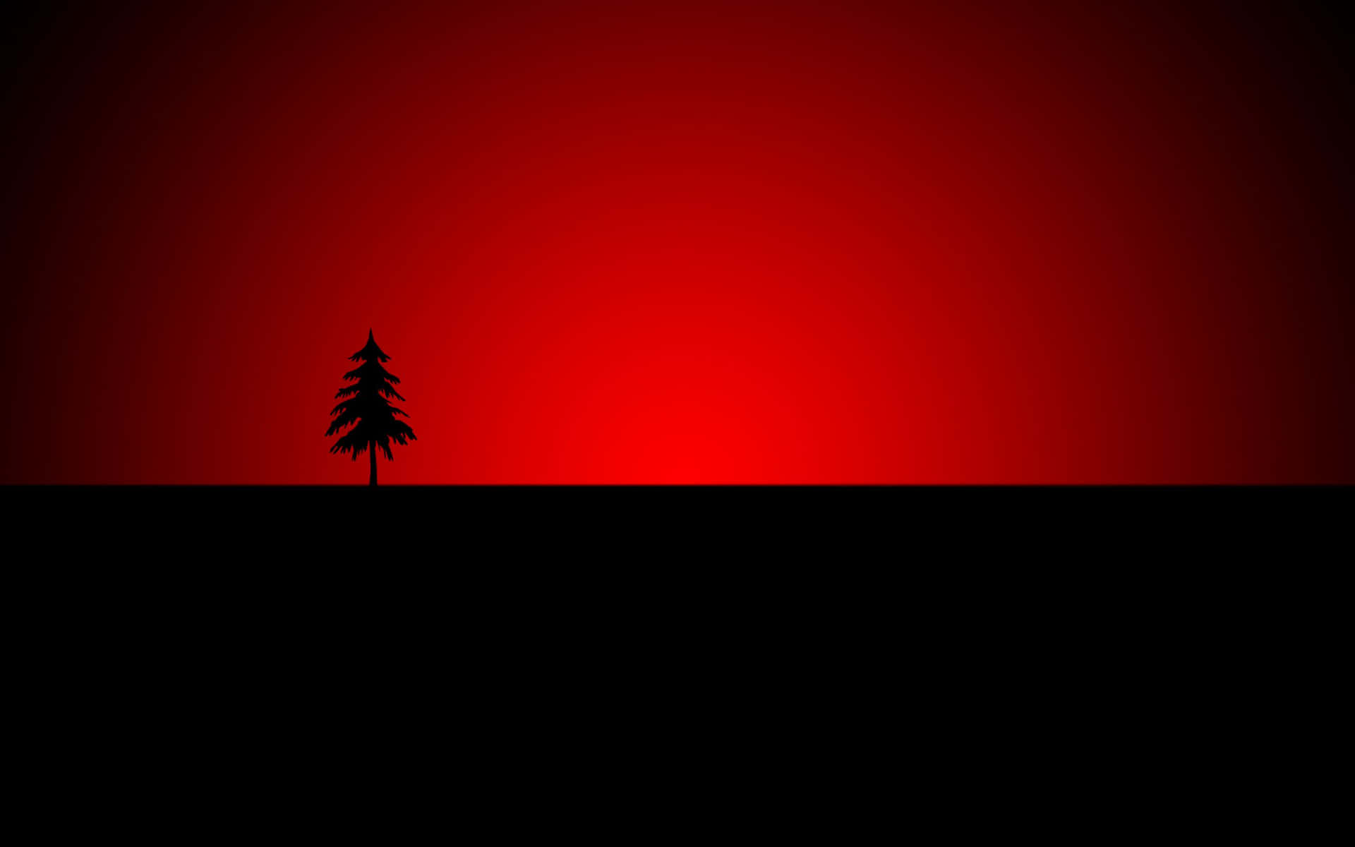 一棵松樹剪影在紅色漸變天空下。