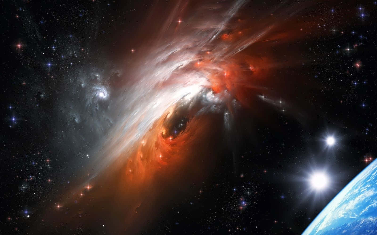 色彩鮮豔的宇宙星雲，角落有地球的藍色曲線，背景是星空。