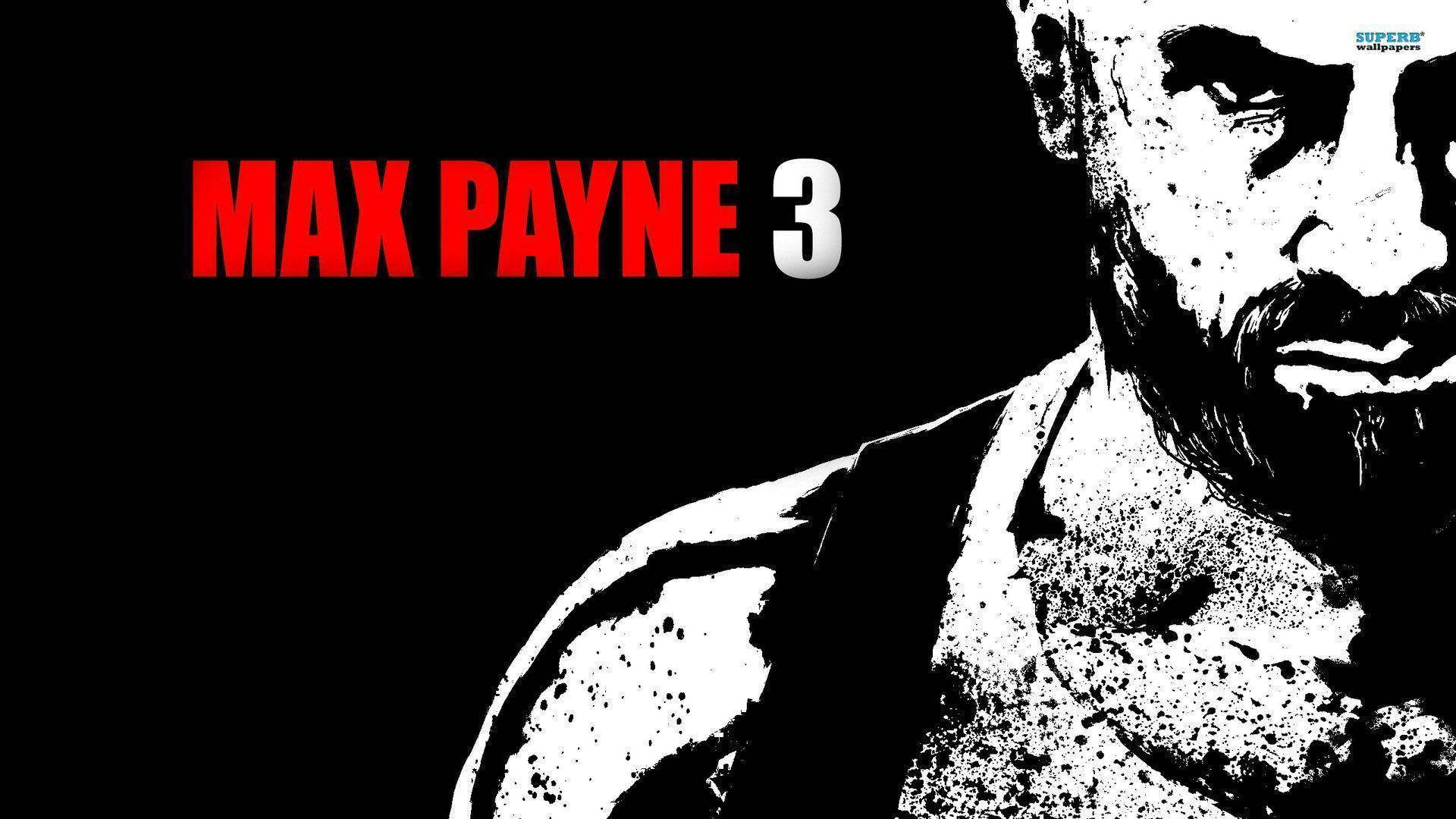 Max Payne 3 遊戲標題，帶有黑白風格化的角色肖像和紅色文字。
