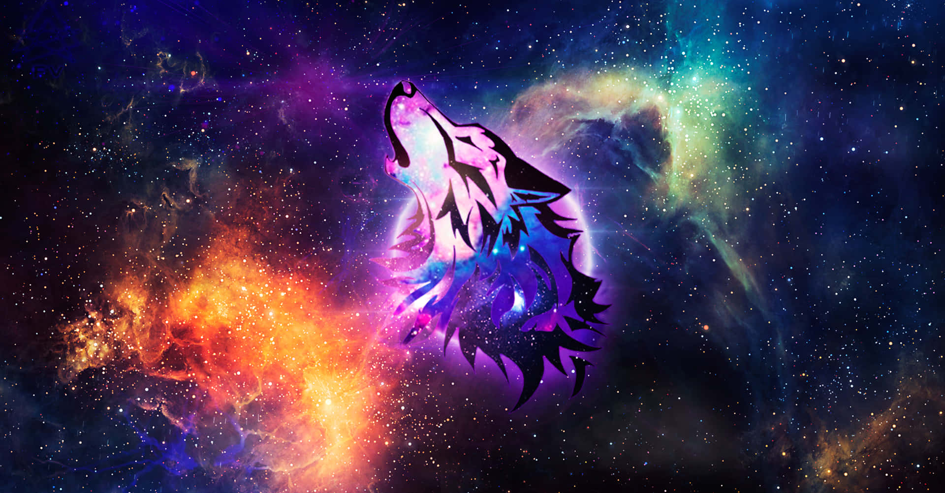狼在色彩繽紛的宇宙空間中對著發光的星雲嚎叫。