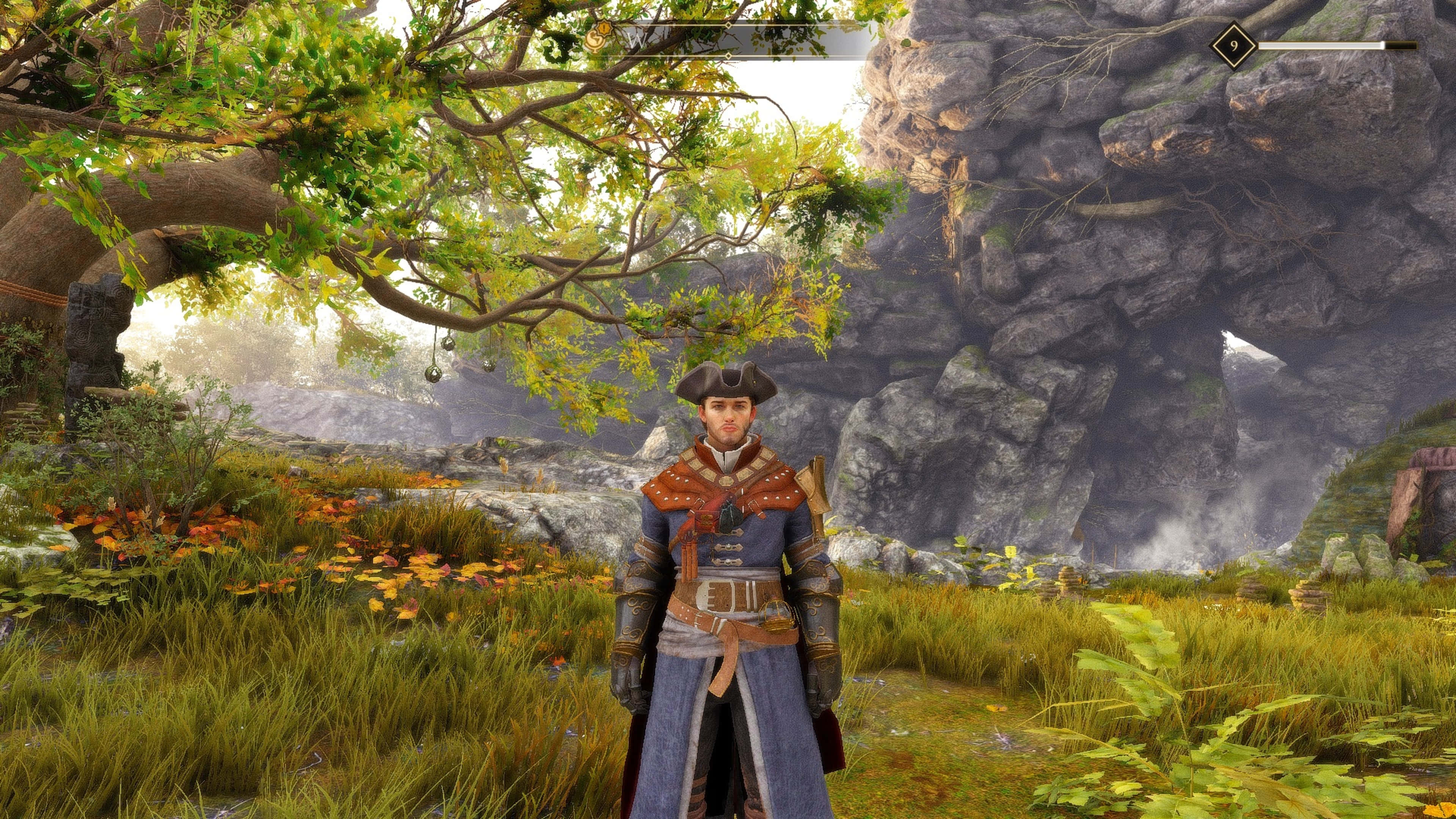 震撼高畫質《GreedFall》遊戲場景 壁紙 — 一個身穿華麗盔甲的海盜站在一棵枝葉茂密的樹下，身處一個有秋日花朵的霧氣瀰漫的岩石峽谷中。