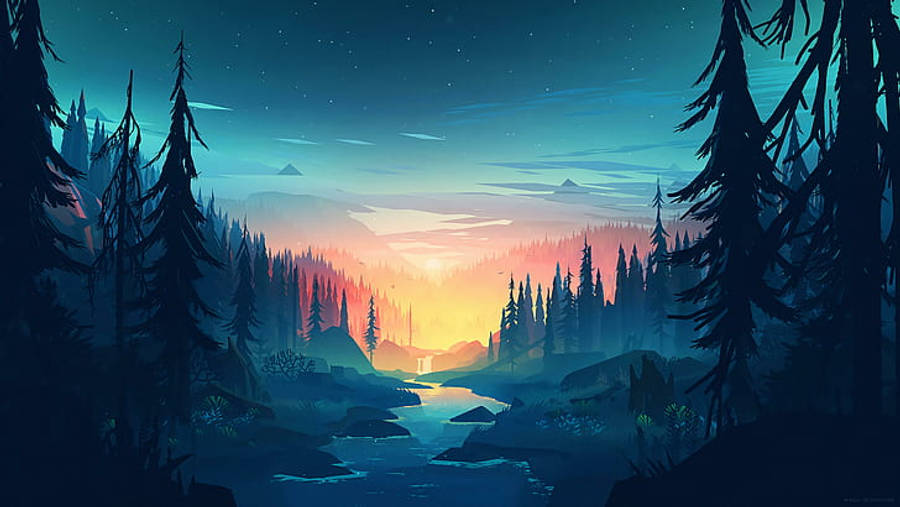 震撼高畫質風景壁紙 壁紙 — 寧靜的黃昏森林場景，一條發光的河流蜿蜒穿過松樹，上方是星空。