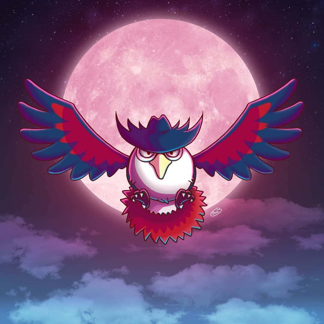 霍克羅月夜飛翔 壁紙 — 一隻擁有紅色和藍色翅膀的卡通貓頭鷹，在發光的粉紅色月亮和滿天星斗的紫色天空中翱翔。
