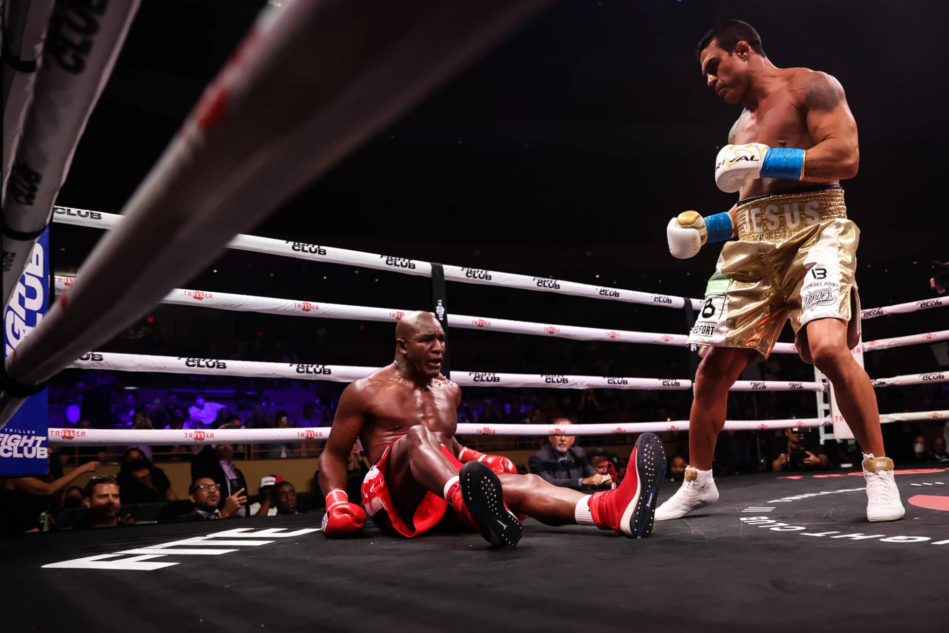 金色短褲拳擊手站在拳擊擂台上倒下的對手之上。