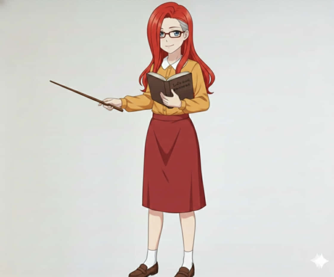霍夫曼教授 壁紙 — 一個開心的動漫女孩，紅髮戴眼鏡，拿著書本和魔杖，穿著黃色襯衫和紅色裙子。