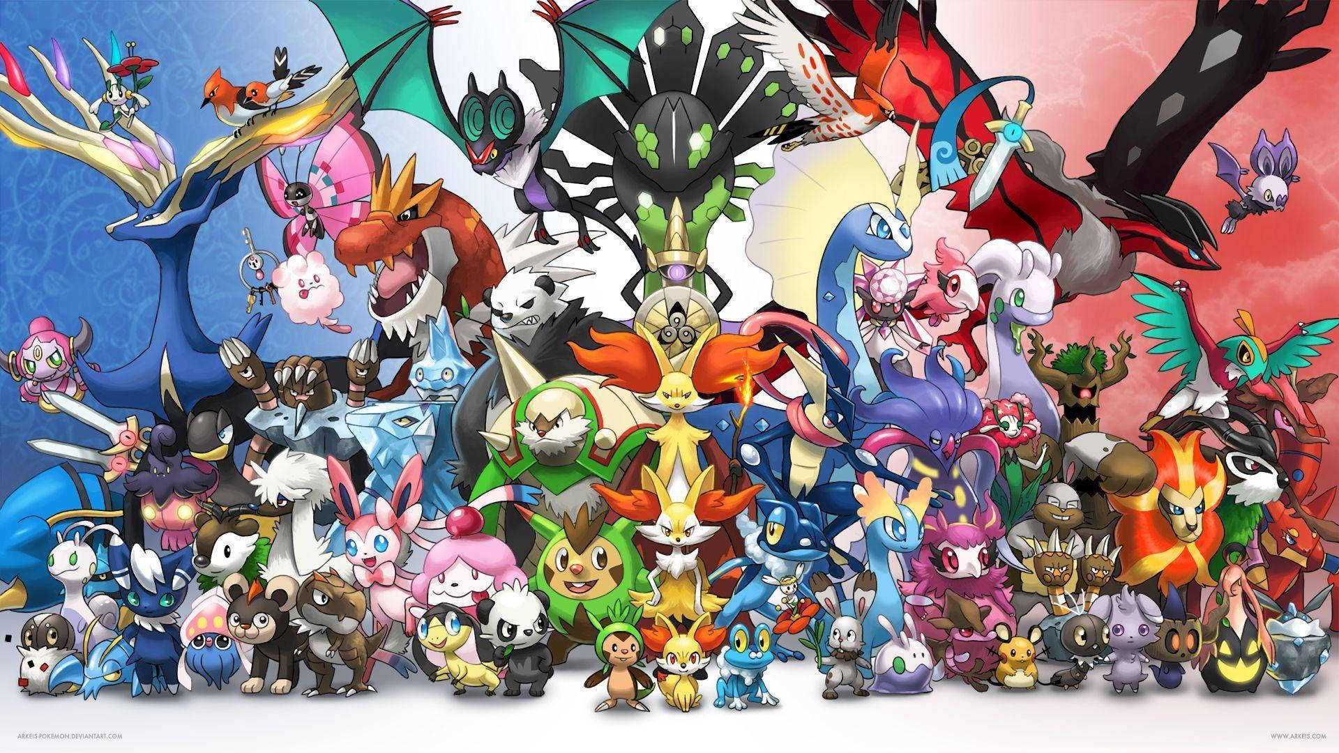 霍帕與《Pokémon X & Y》寶可夢同框 壁紙 — 一幅充滿活力的數碼藝術作品，展示了一大群色彩繽紛的寶可夢角色，在漸變天空背景下擺出動態姿勢。