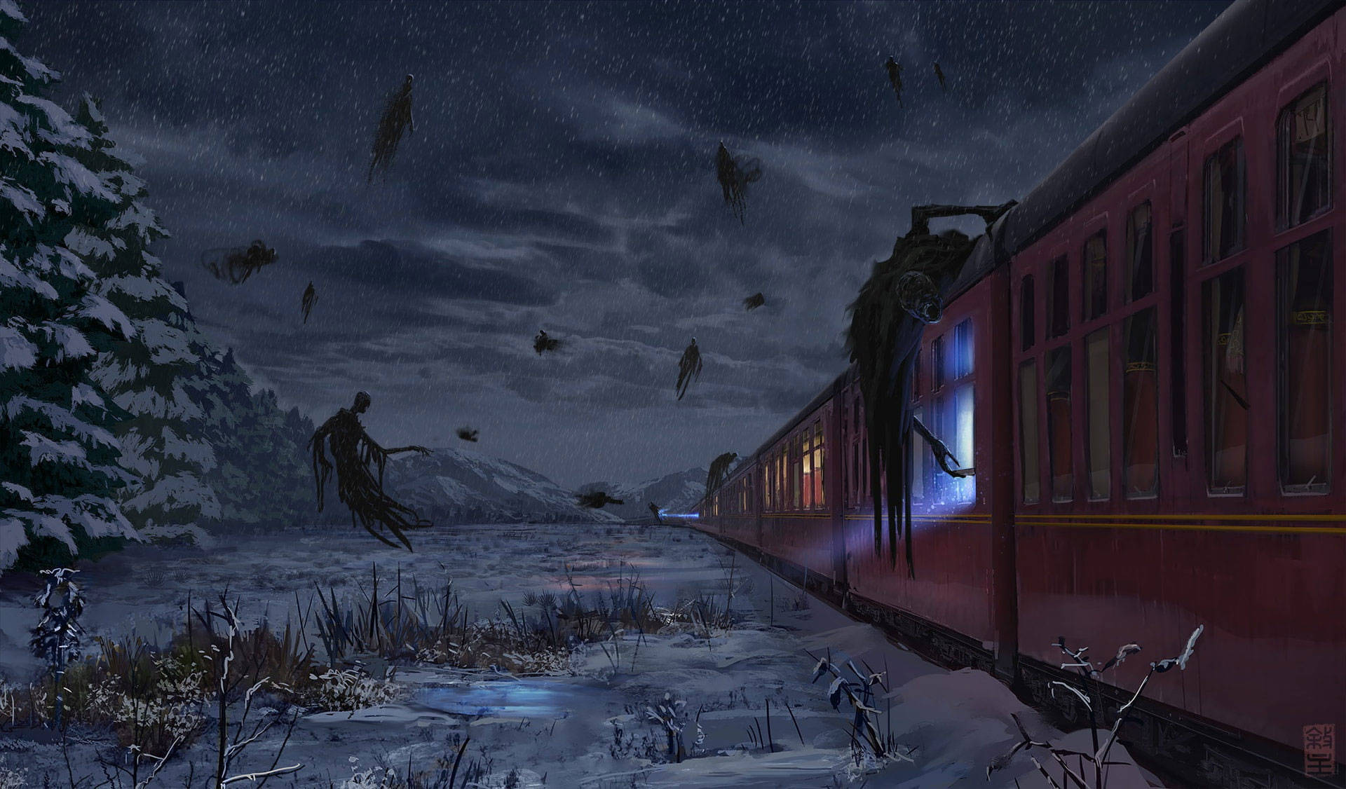 一列紅色火車在夜間穿過白雪覆蓋的森林，上方漂浮著幽靈般的身影。
