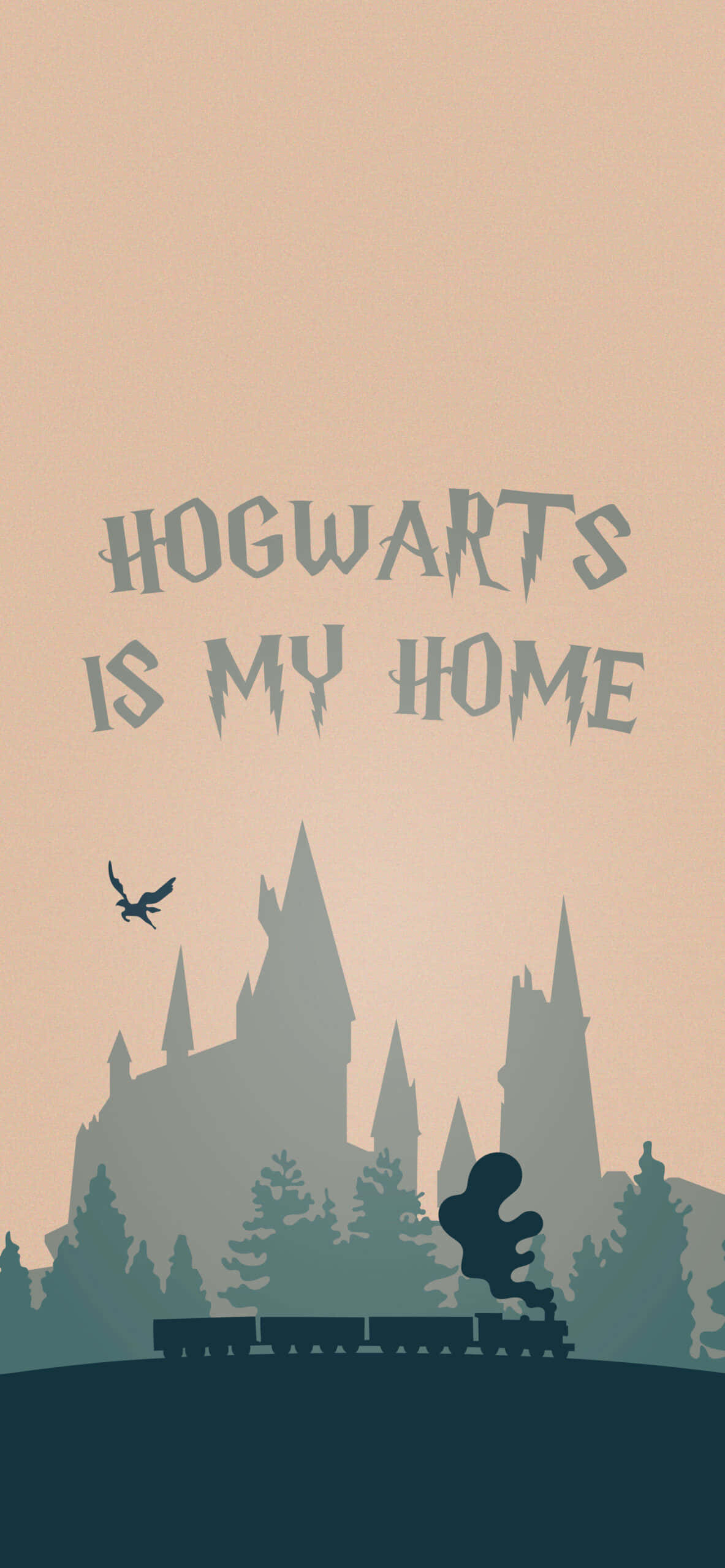 霍格華茲城堡剪影，帶有火車和貓頭鷹，在桃色天空下，文字「Hogwarts is my home」。
