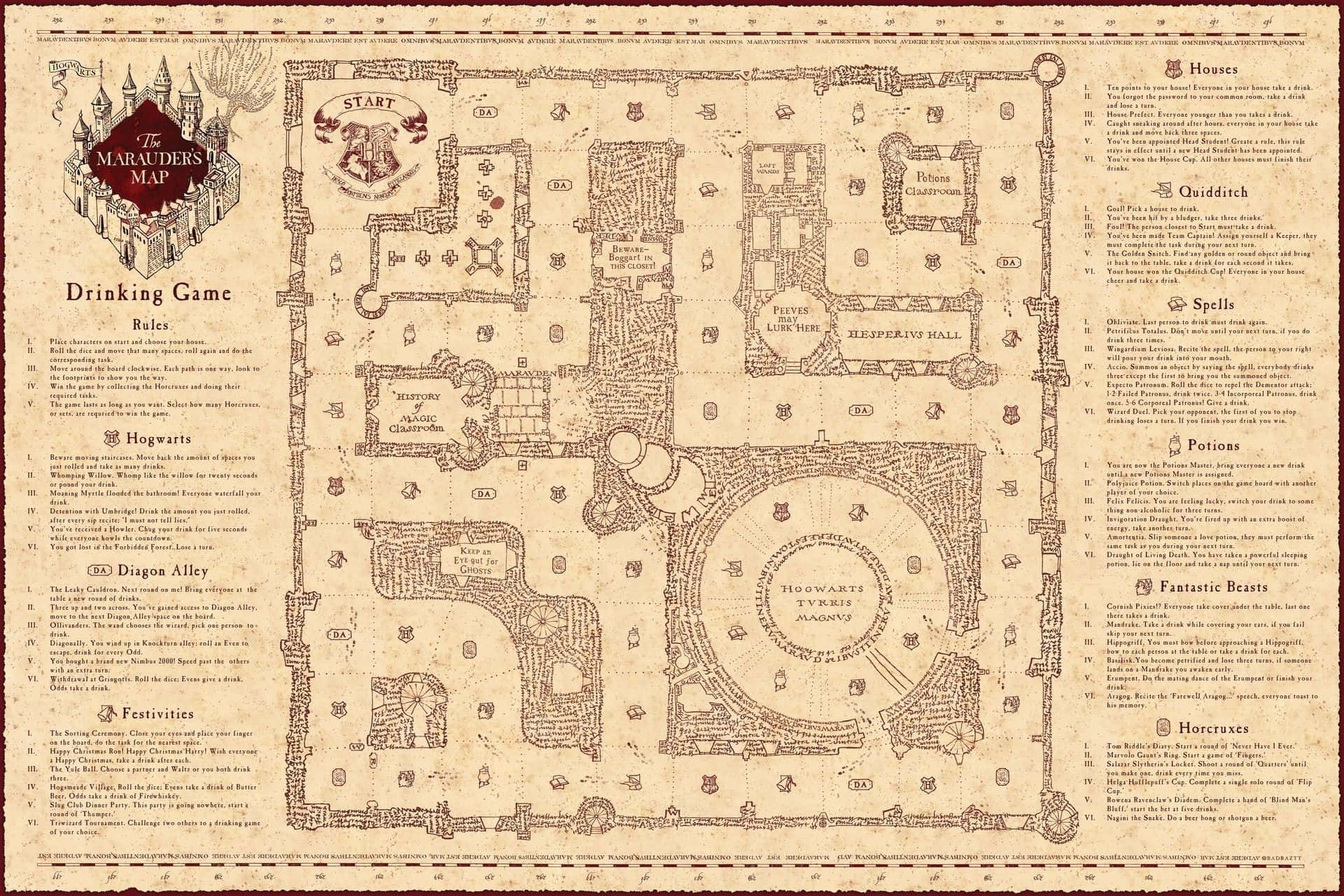 The Marauder's Map 桌布 壁紙 — 霍格華茲的復古羊皮紙風格地圖，附有詳細的樓層平面圖和手寫飲酒遊戲規則。