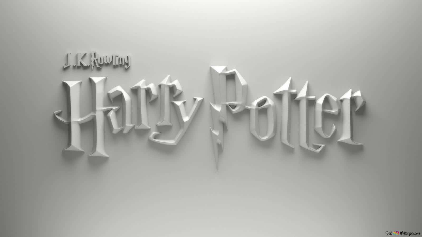 霍格華茲的魔法石 壁紙 — 標誌性的哈利波特標誌以3D白色字體在簡約灰色牆壁上投下柔和陰影。