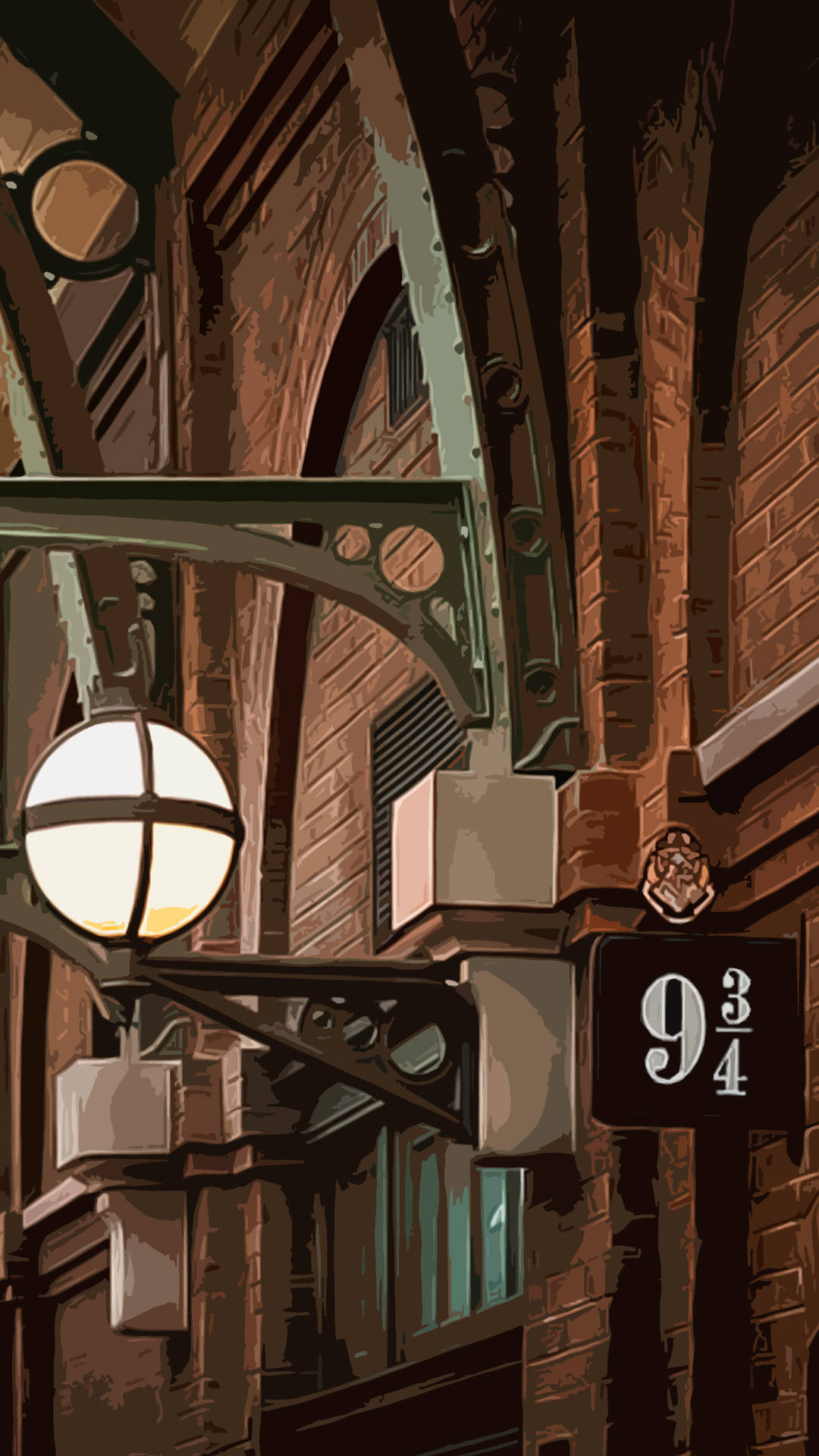 夜晚磚牆上帶有發光燈籠的9 3/4月台標誌。