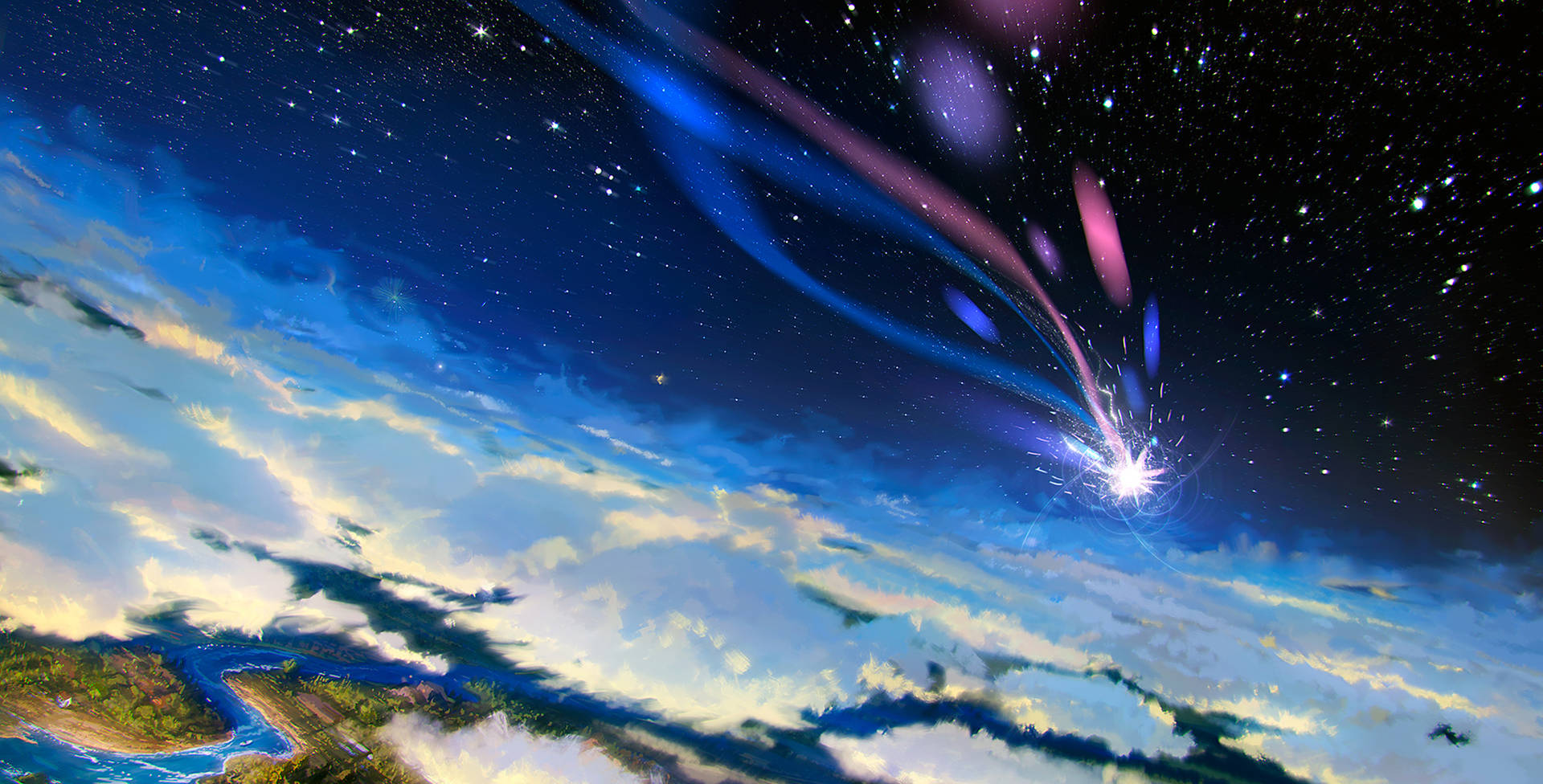 一顆明亮的流星在發光的地球景觀上空劃過星空。