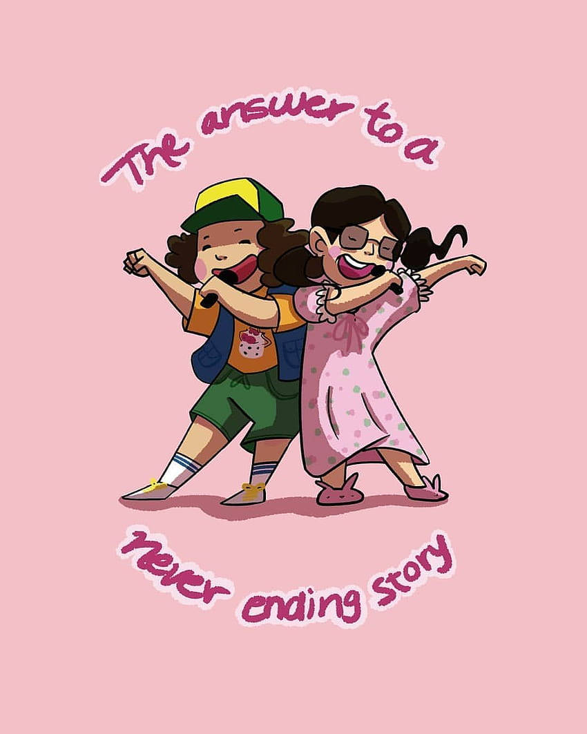 兩個動畫小孩在粉紅色背景上跳舞，文字為 'The answer to a never ending story'。