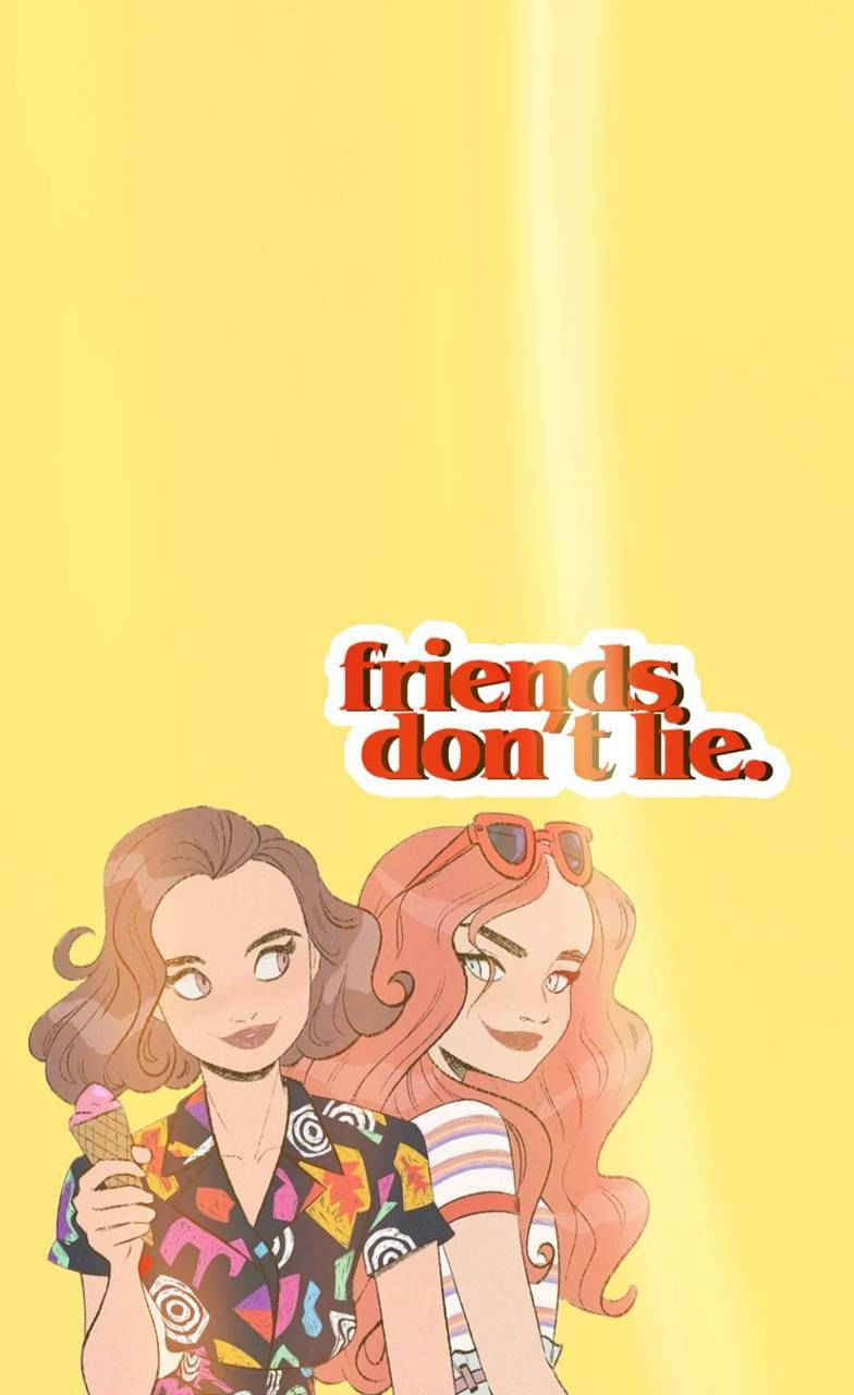 兩個動漫女孩拿著冰淇淋，黃色背景上有文字「friends don't lie」